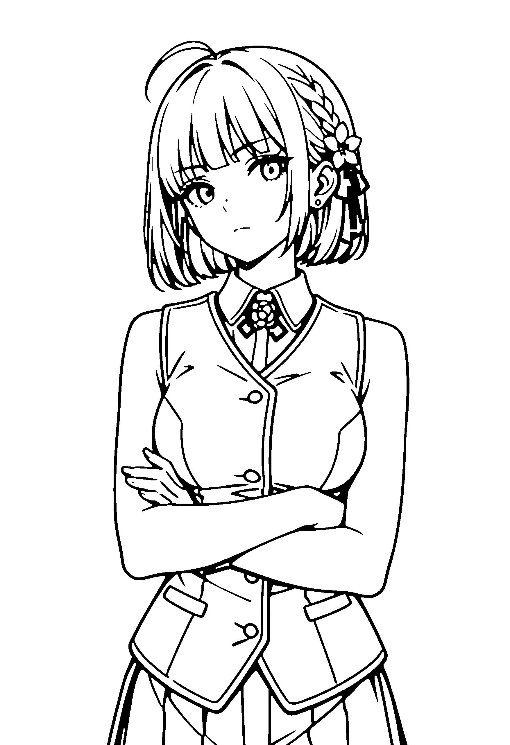 Black and white line art coloring page of an anime girl with bob cut, braid, vest, hair flower and serious