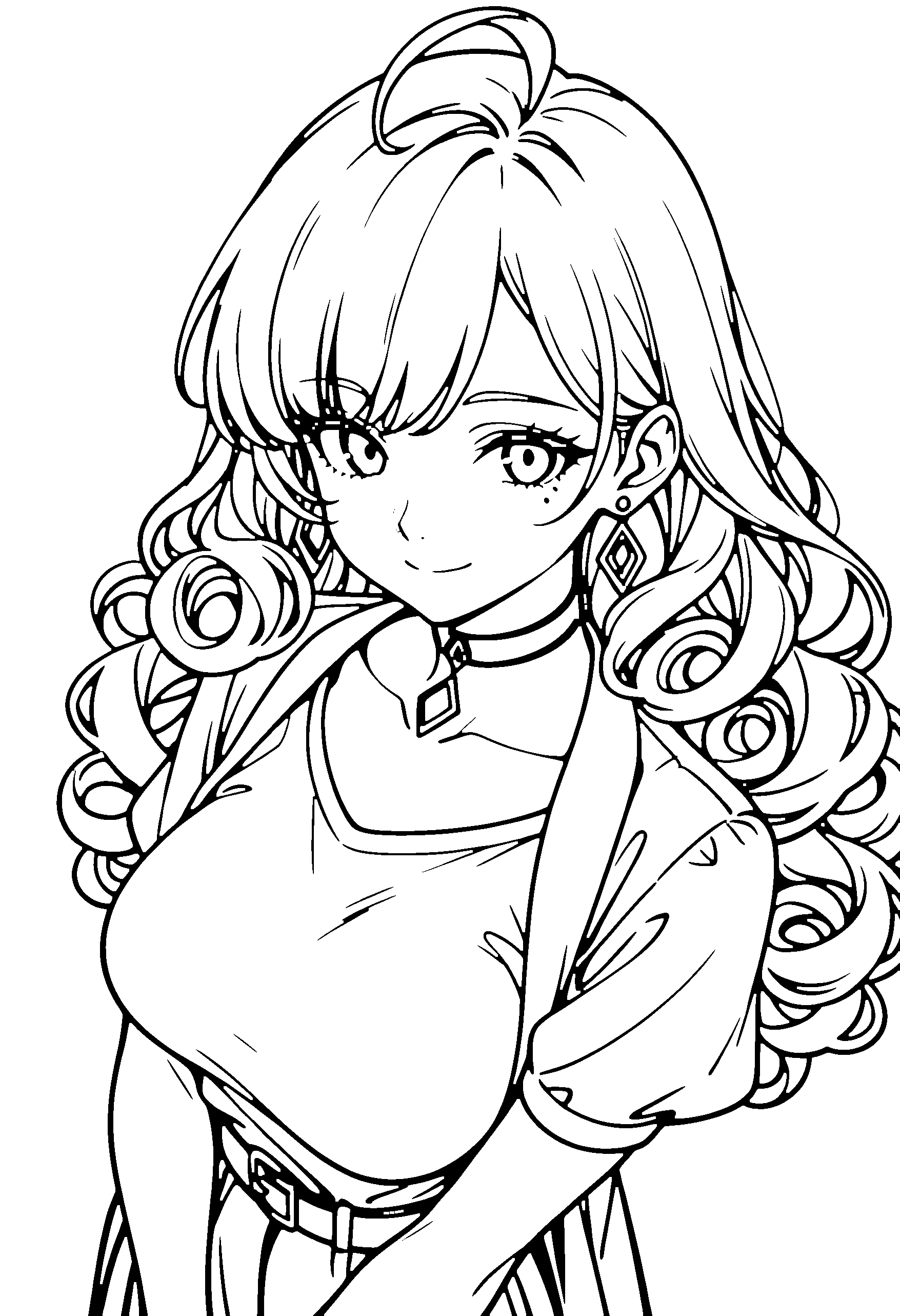 Black and white line art coloring page of an anime girl with long hair, curly hair, shirt, choker and smiling