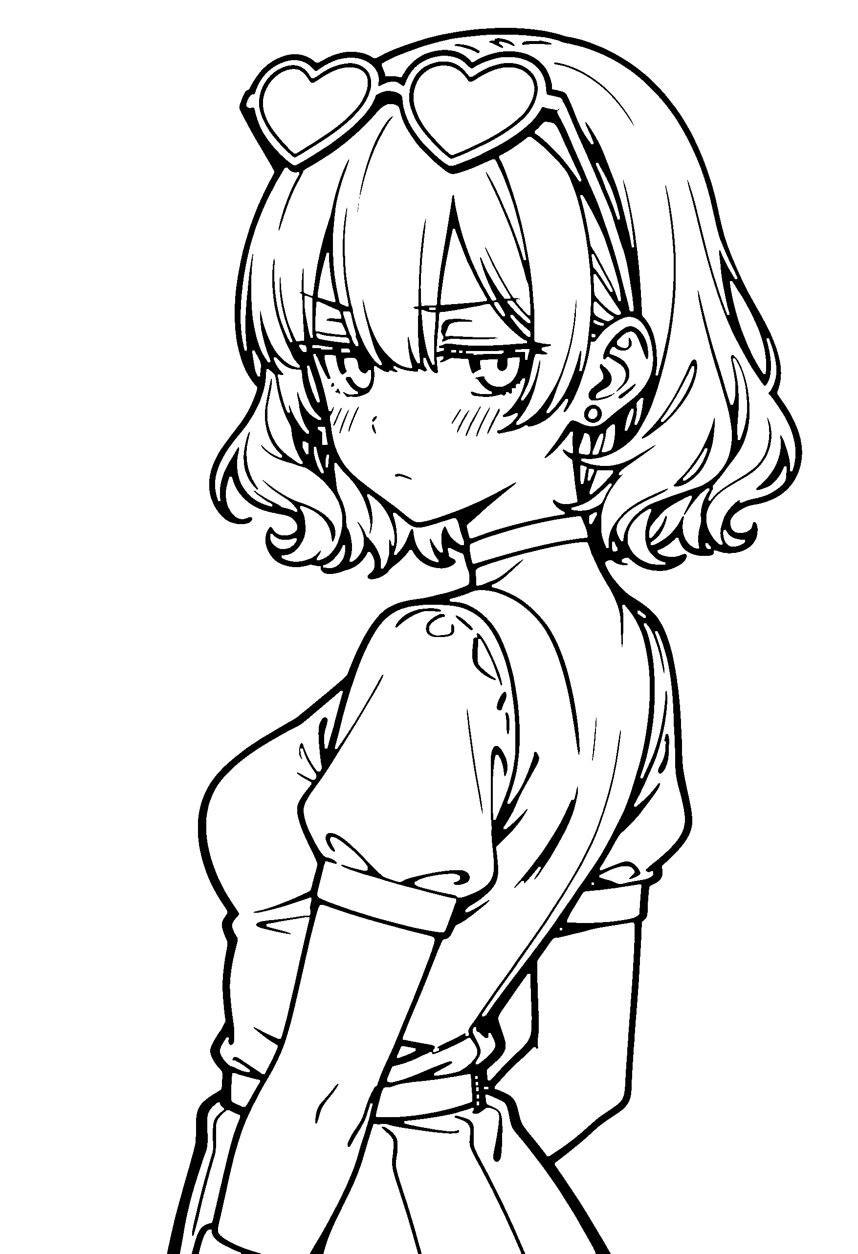 Black and white line art coloring page of an anime girl with bob cut, wavy hair, suit, headband, glasses, choker and frowning