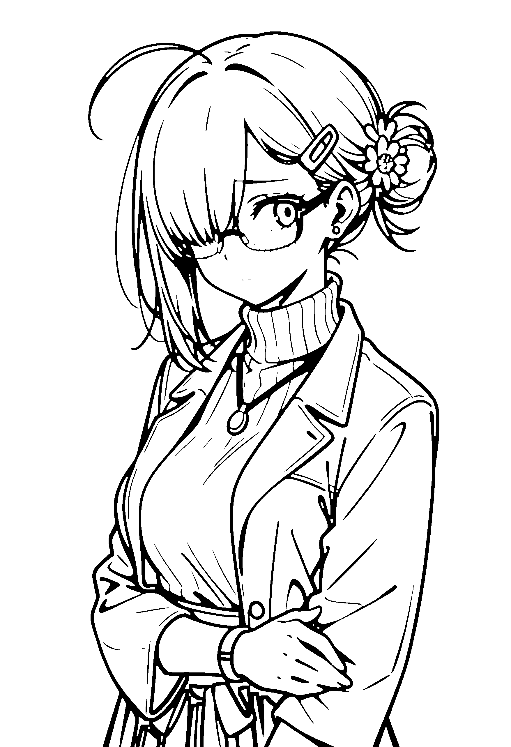 Black and white line art coloring page of an anime girl with medium hair, hair bun, coat, hair flower, glasses, necklace and shy