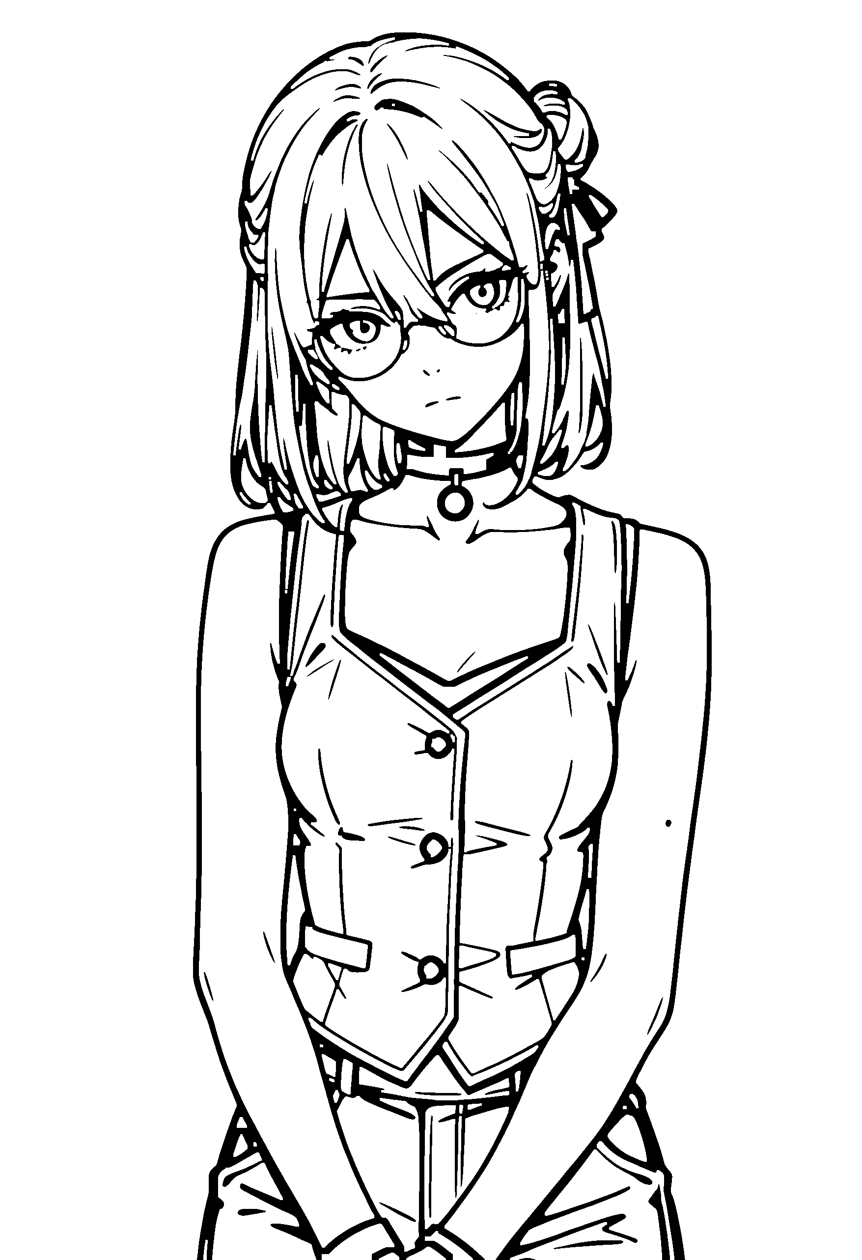 Black and white line art coloring page of an anime girl with medium hair, hair bun, vest, glasses, choker and serious