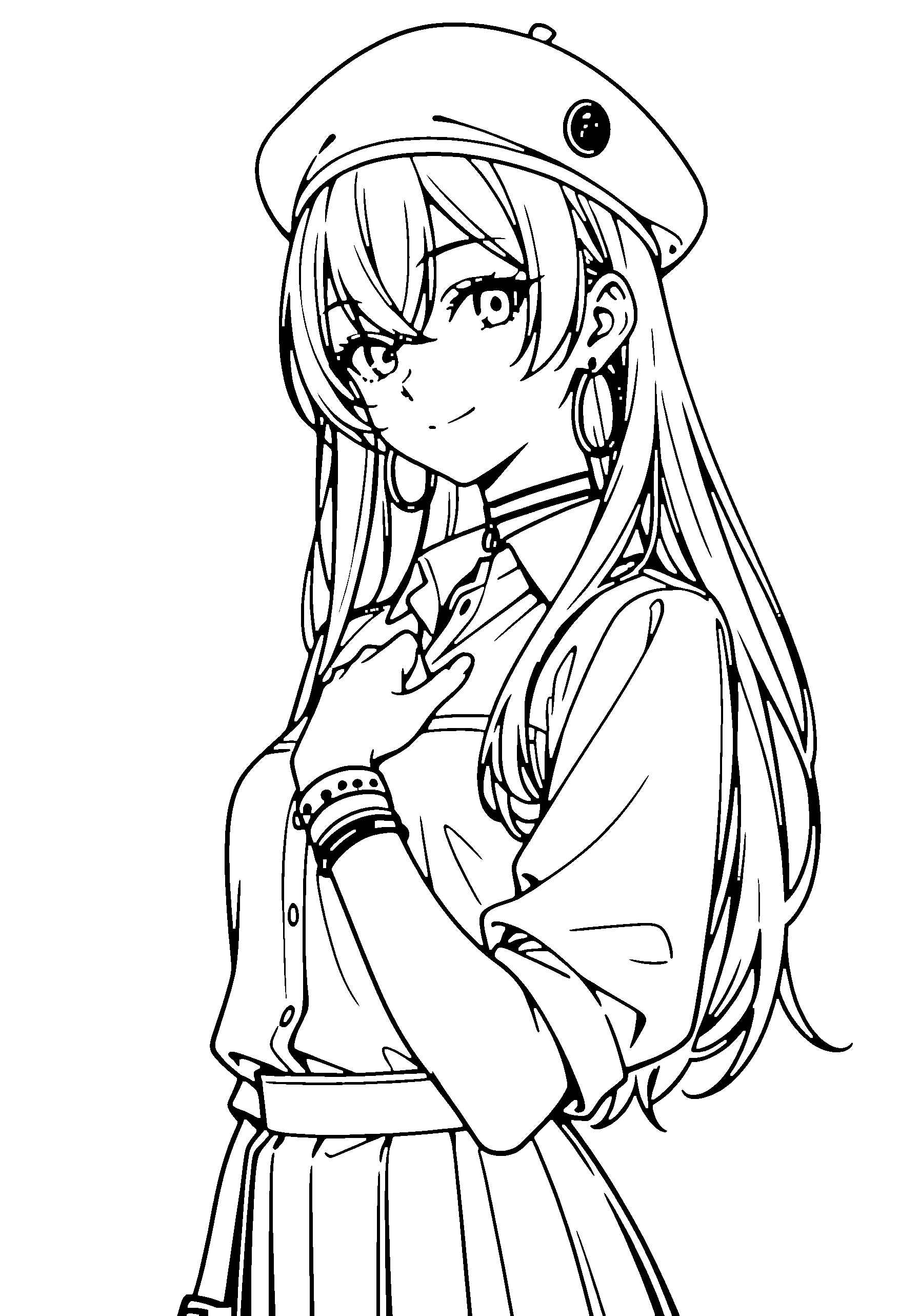 Black and white line art coloring page of an anime girl with long hair, collared shirt, beret, choker and smiling