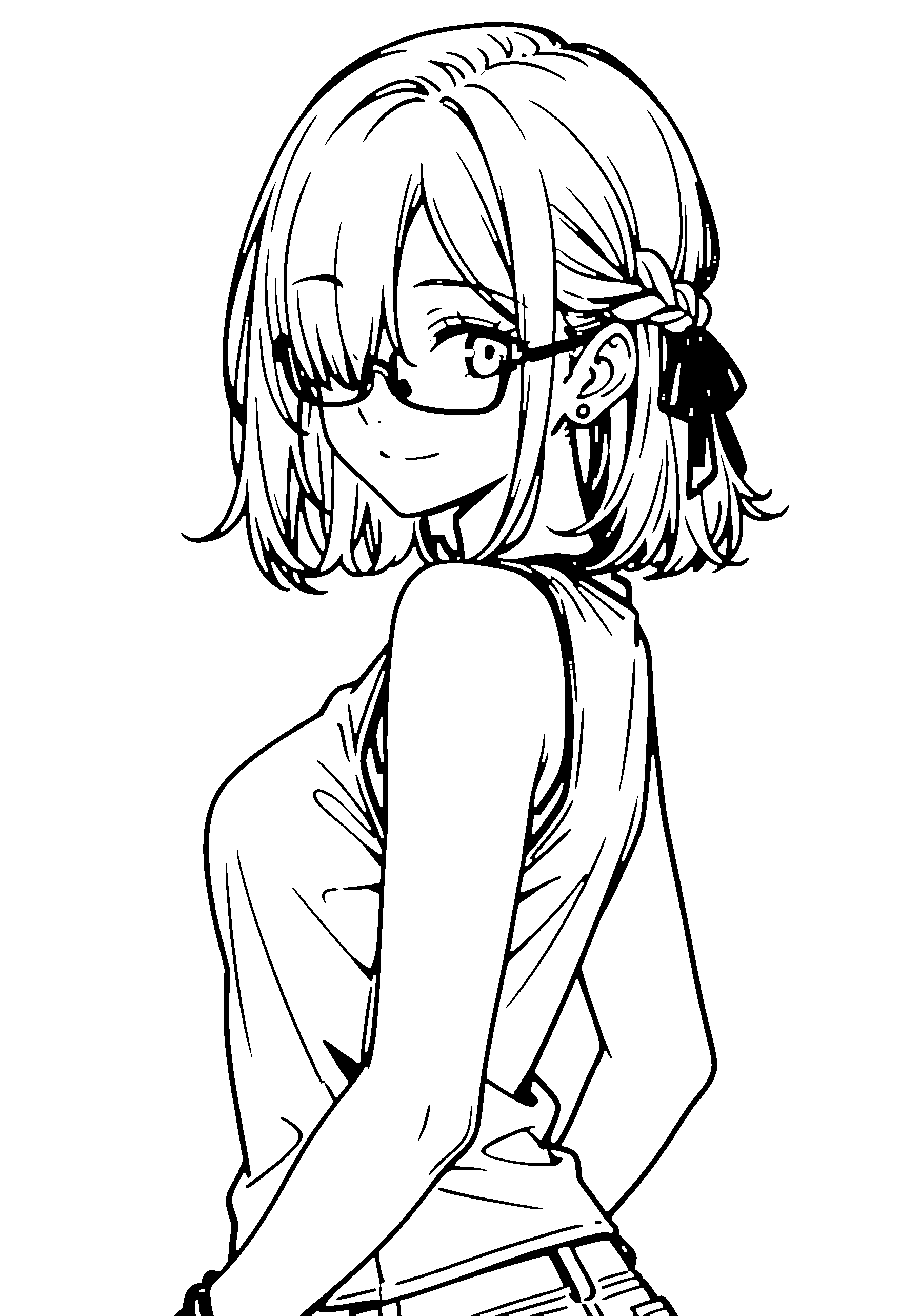 Black and white line art coloring page of an anime girl with medium hair, braid, t-shirt, glasses and smiling