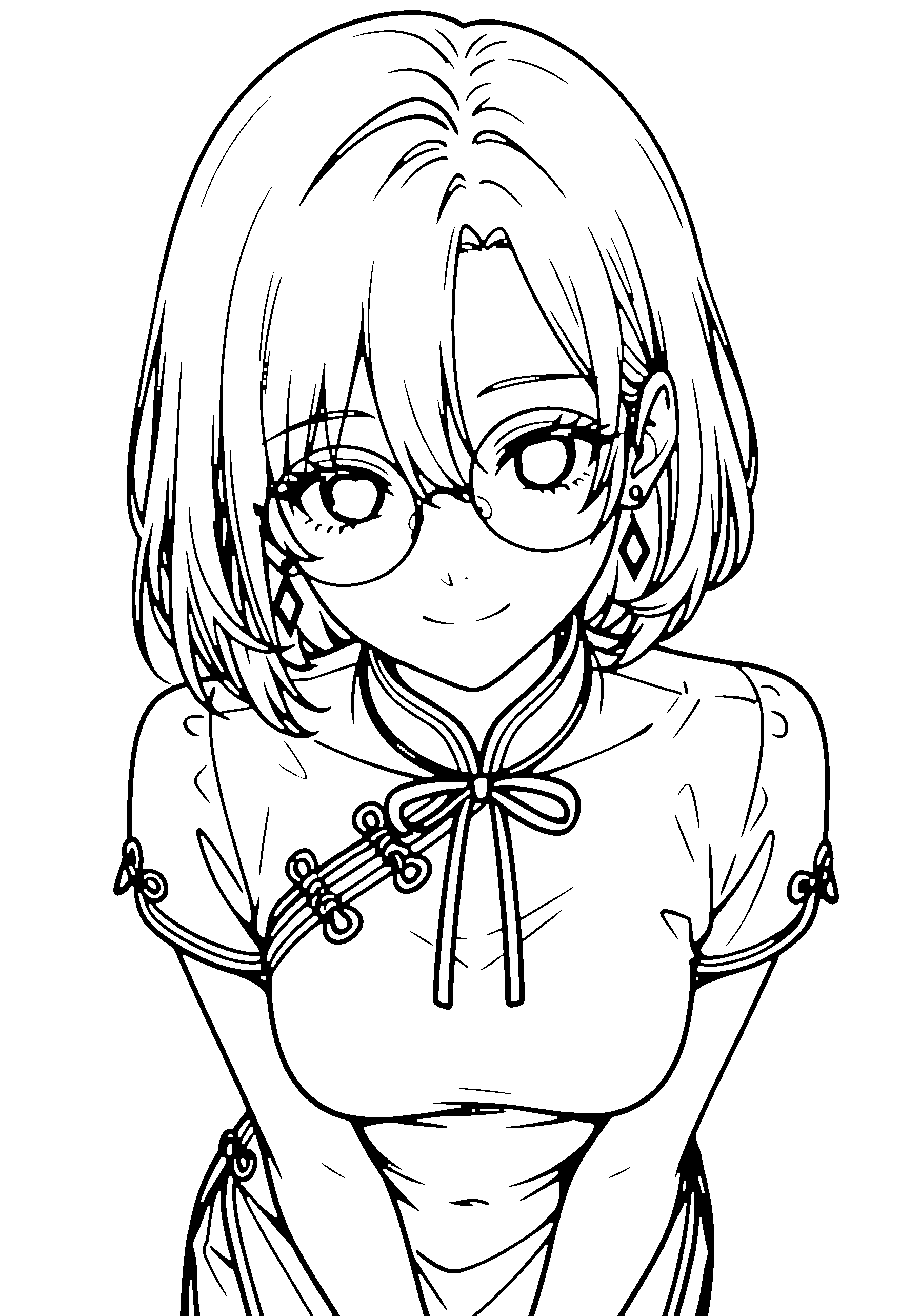 Black and white line art coloring page of an anime girl with medium hair, chinese dress, glasses, ribbon and smiling