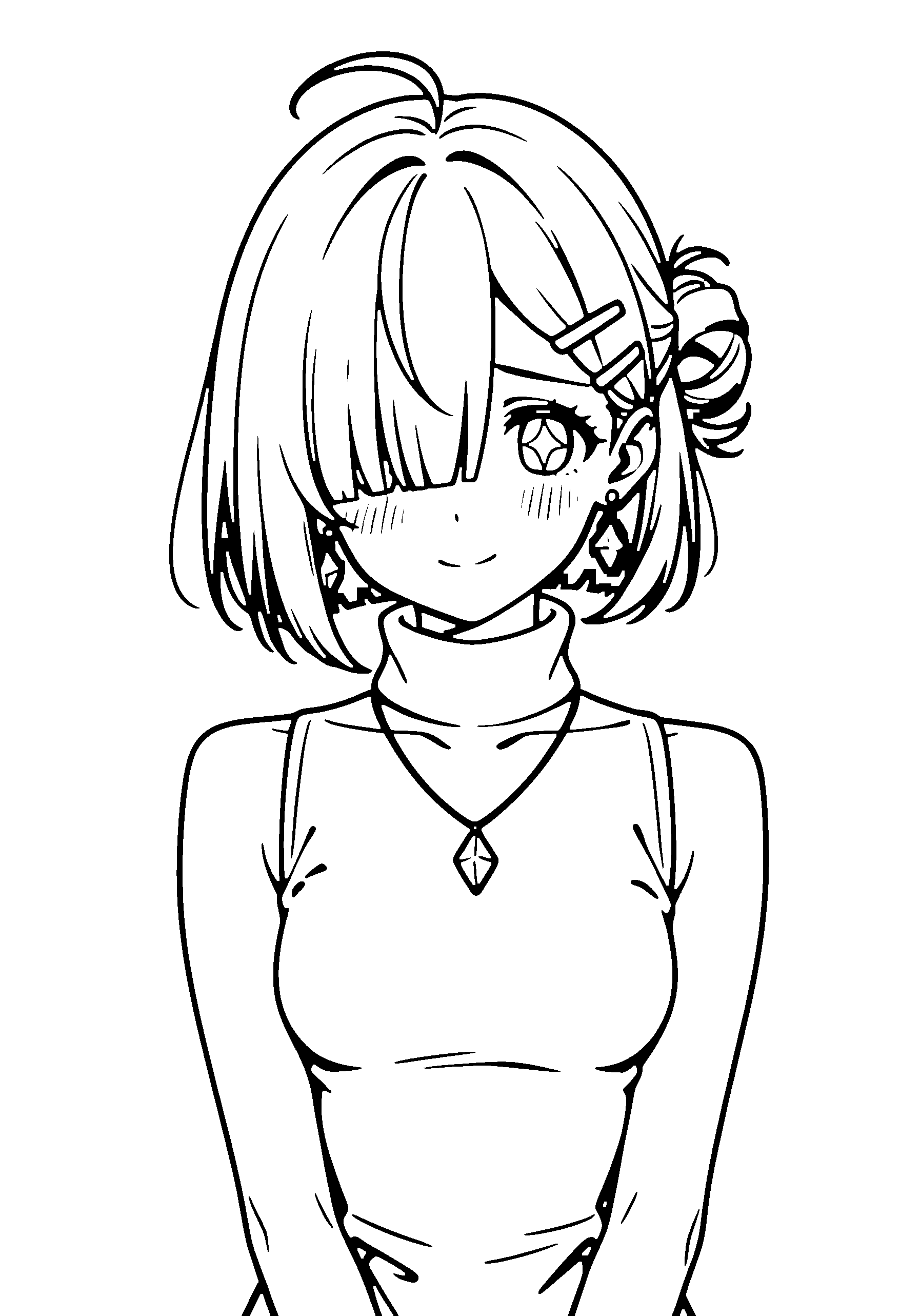 Black and white line art coloring page of an anime girl with bob cut, hair bun, turtleneck, necklace and shy