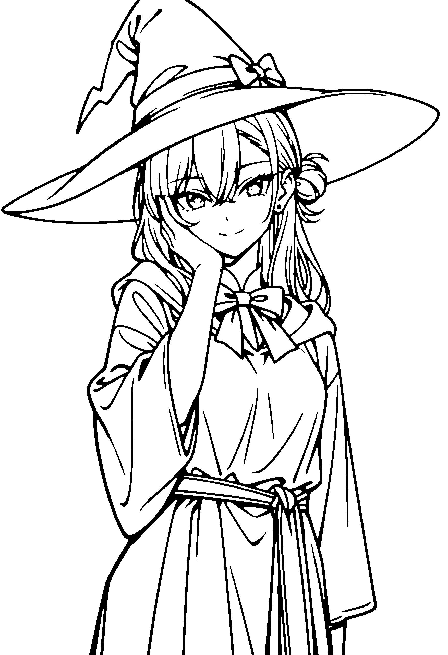 Black and white line art coloring page of an anime girl with witch outfit, long hair, hair bun, robe, bow tie and smiling