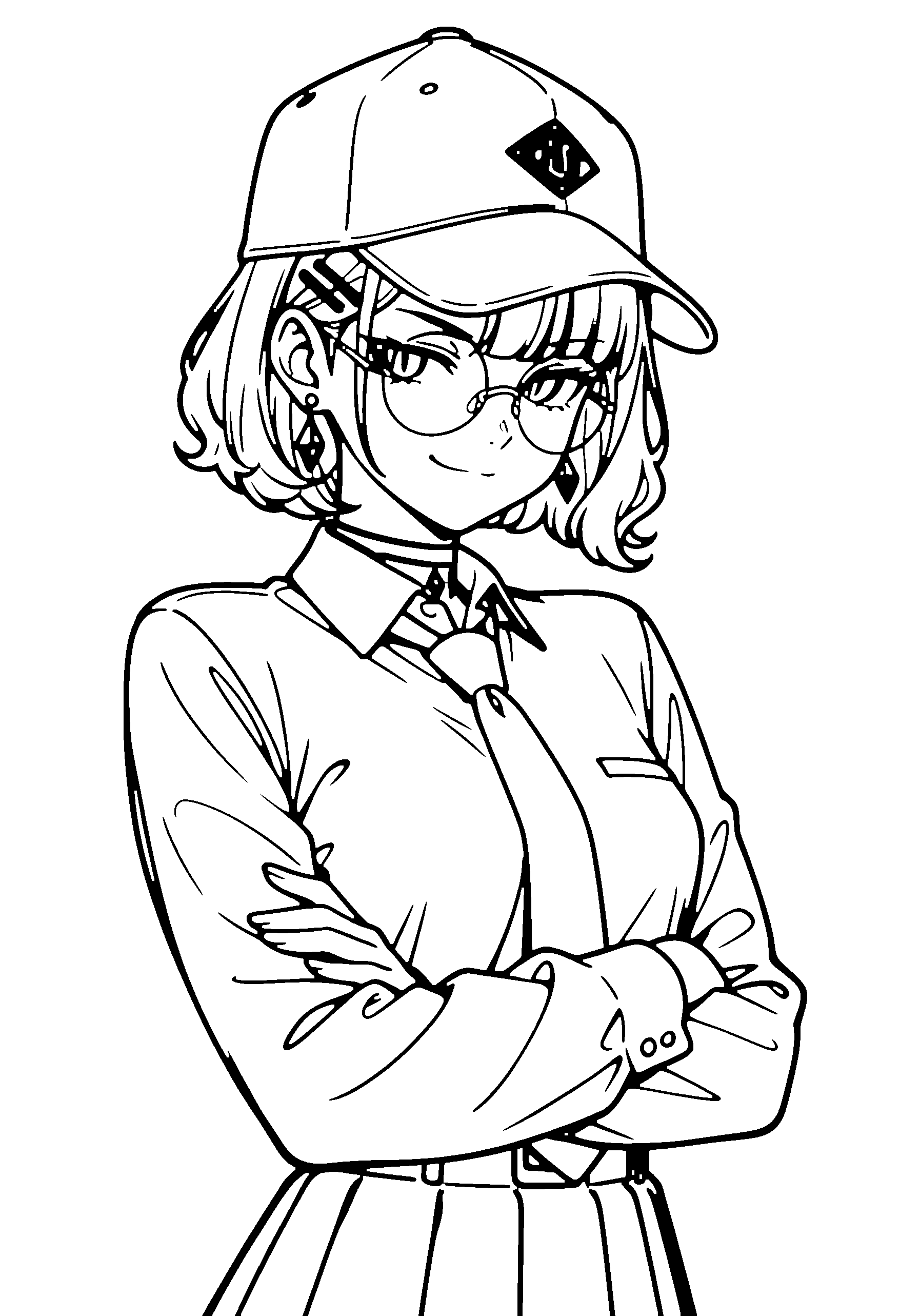 Black and white line art coloring page of an anime girl with bob cut, wavy hair, shirt, cap, glasses, choker and smiling
