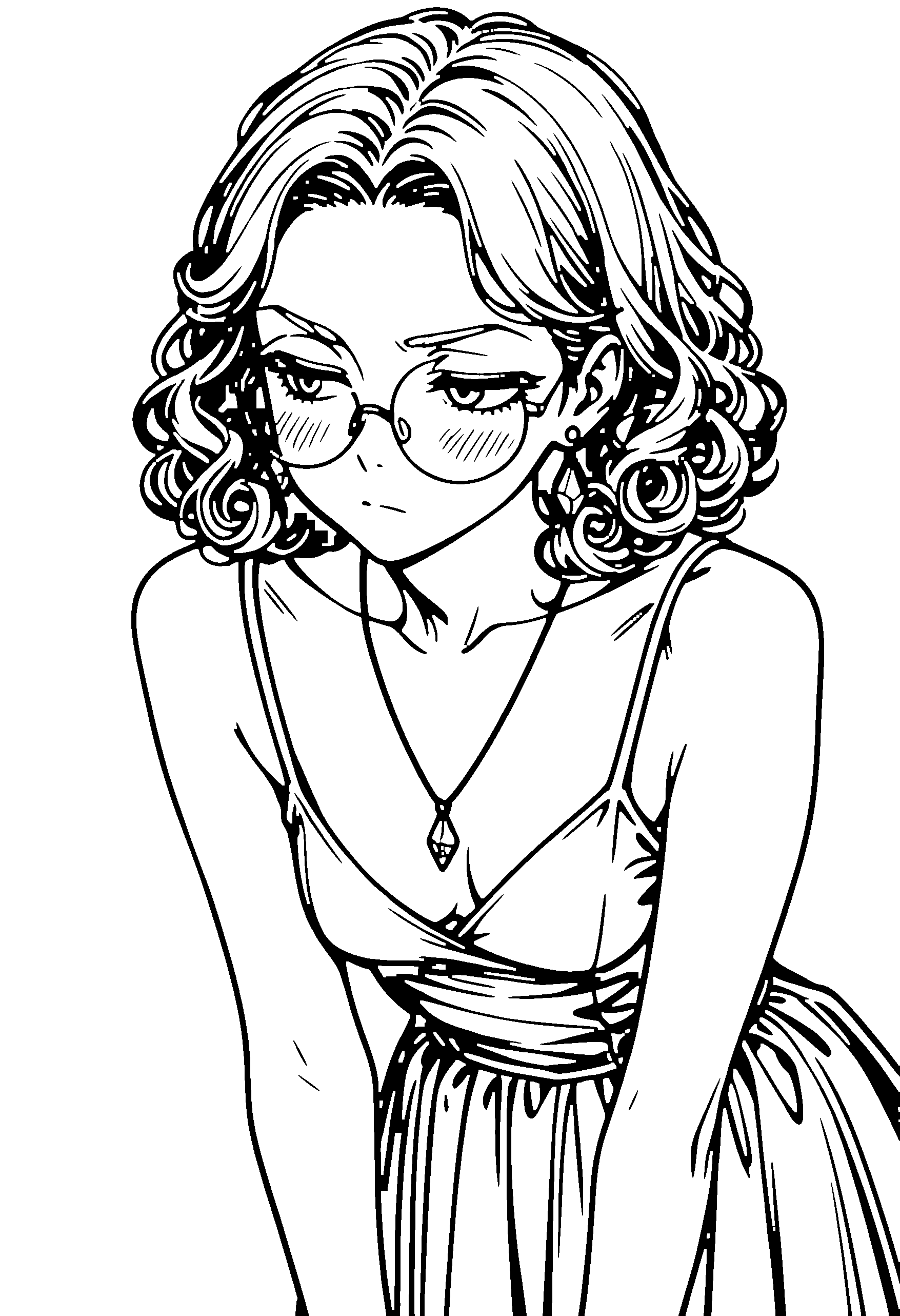 Black and white line art coloring page of an anime girl with medium hair, curly hair, dress, glasses, necklace and serious