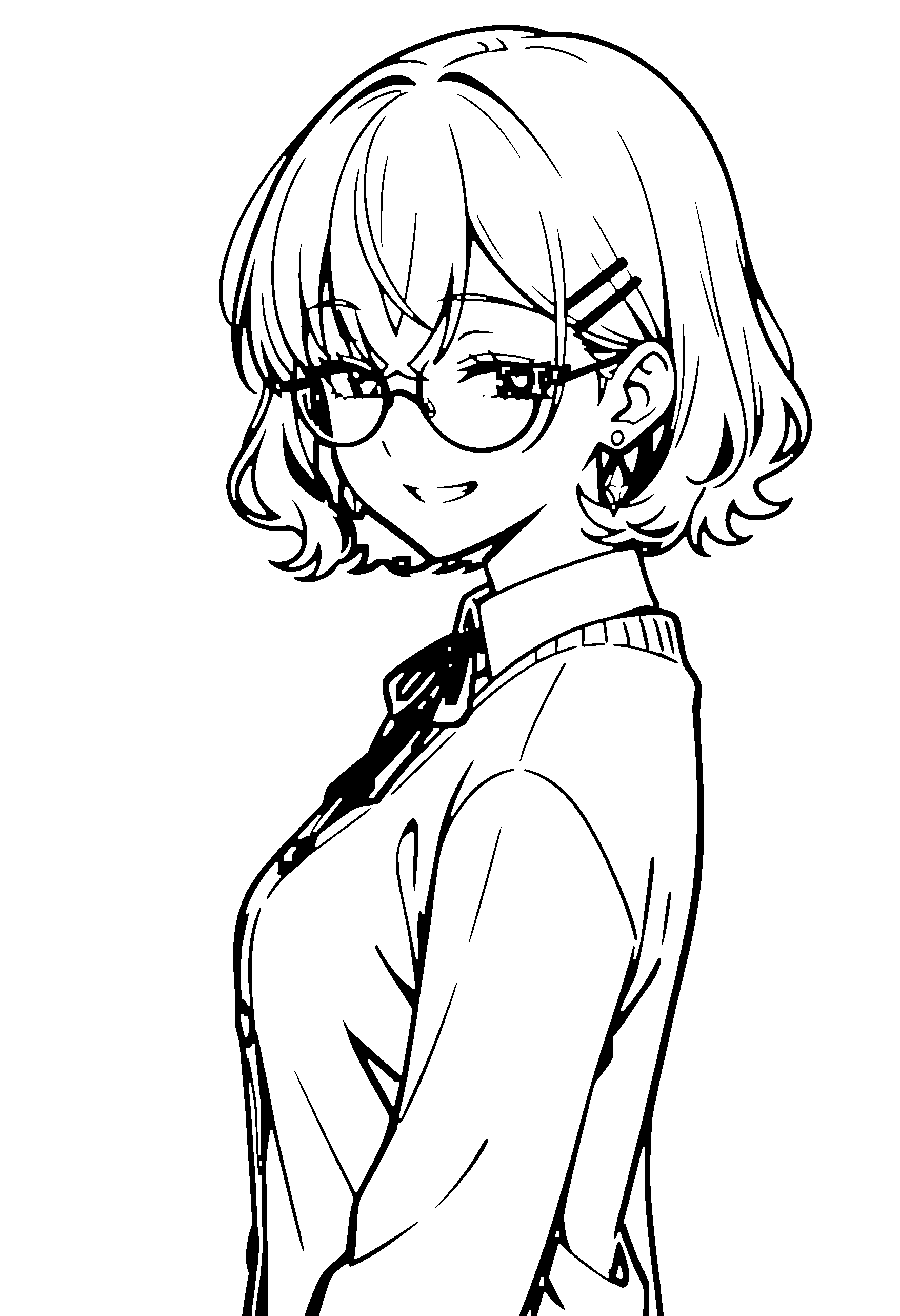 Black and white line art coloring page of an anime girl with bob cut, wavy hair, cardigan, glasses, ribbon and grinning