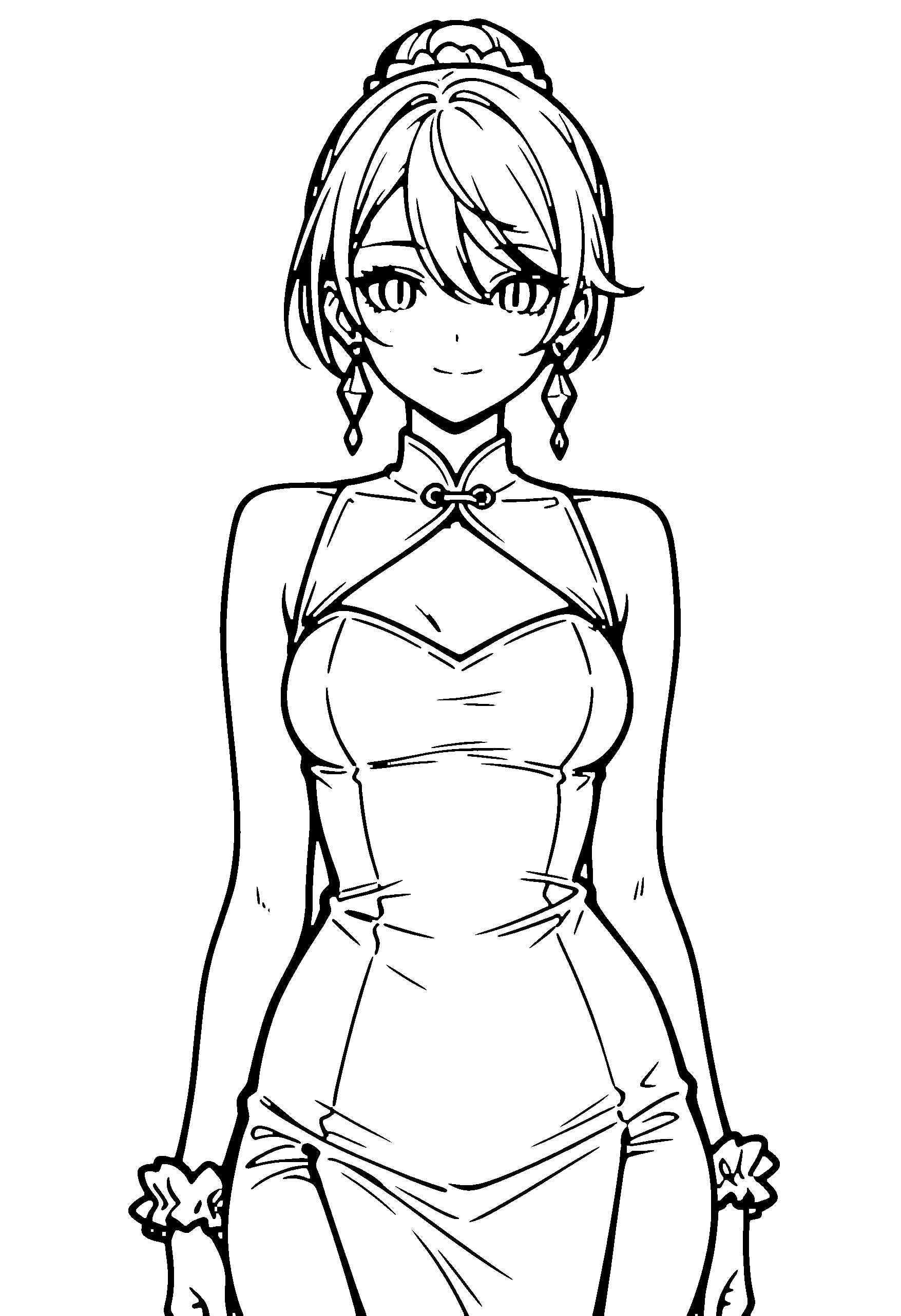 Black and white line art coloring page of an anime girl with medium hair, hair bun, dress and smiling