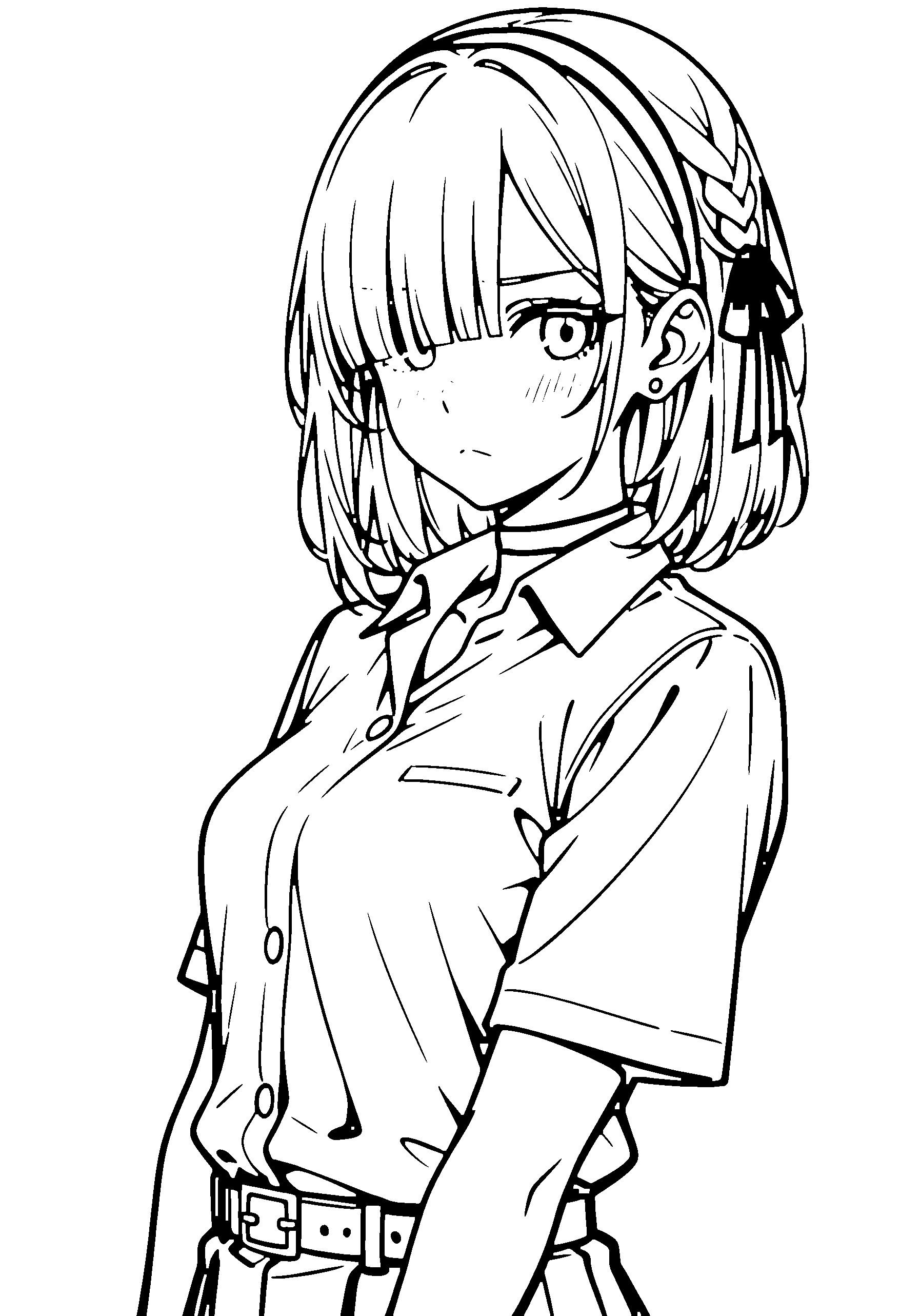 Black and white line art coloring page of an anime girl with medium hair, braid, collared shirt, headband, choker and frowning