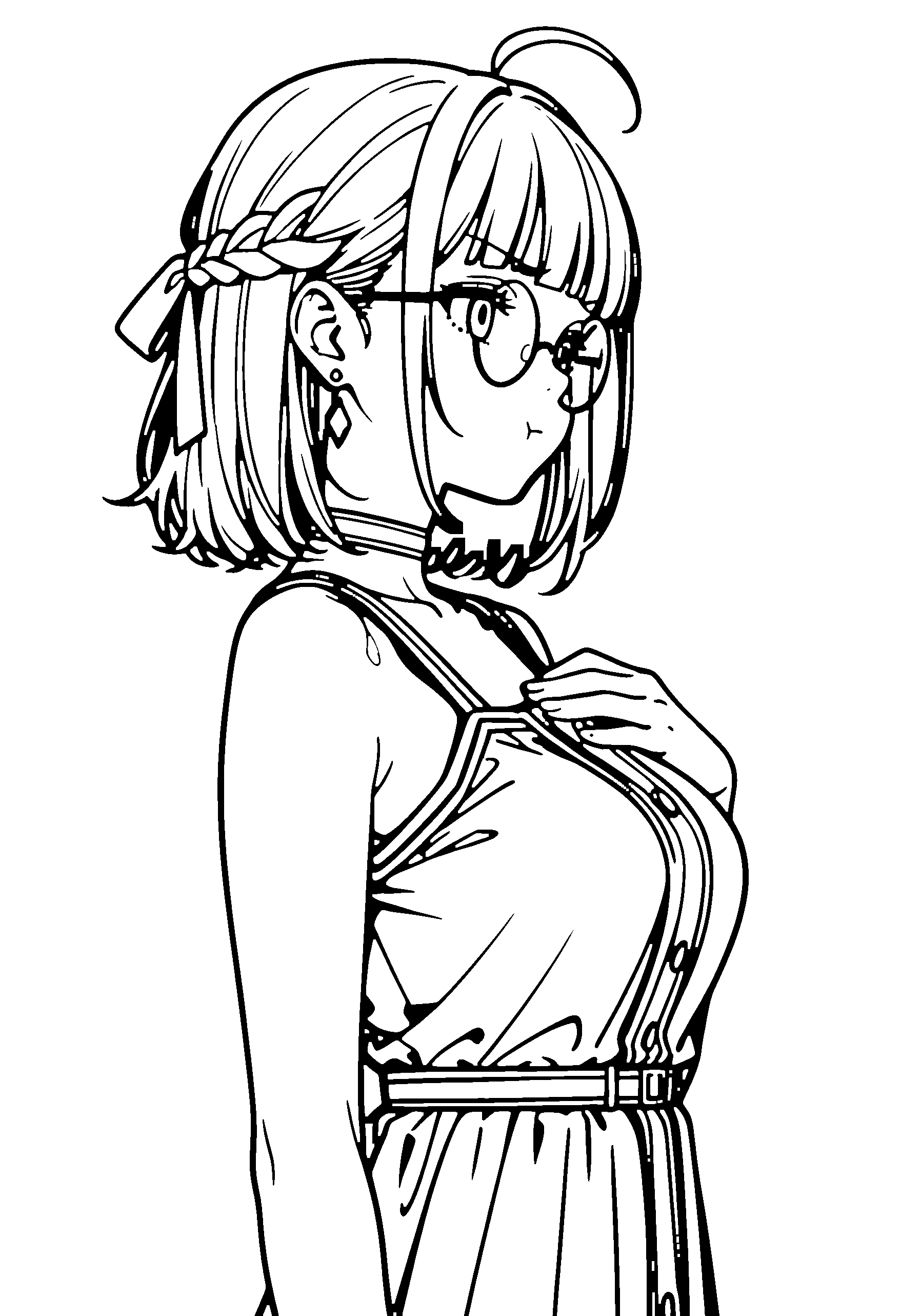 Black and white line art coloring page of an anime girl with medium hair, braid, dress, glasses, choker and frowning