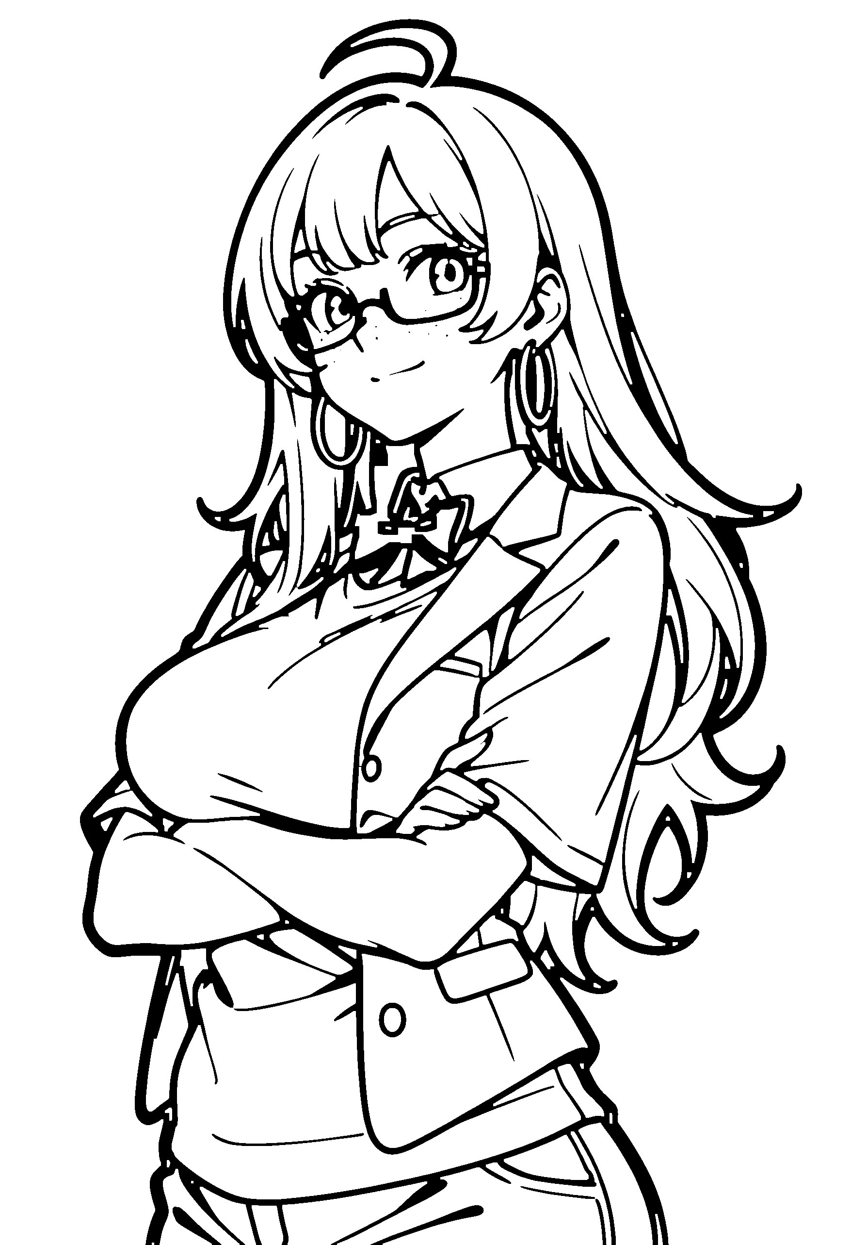 Black and white line art coloring page of an anime girl with long hair, jacket, glasses, bow tie and smiling