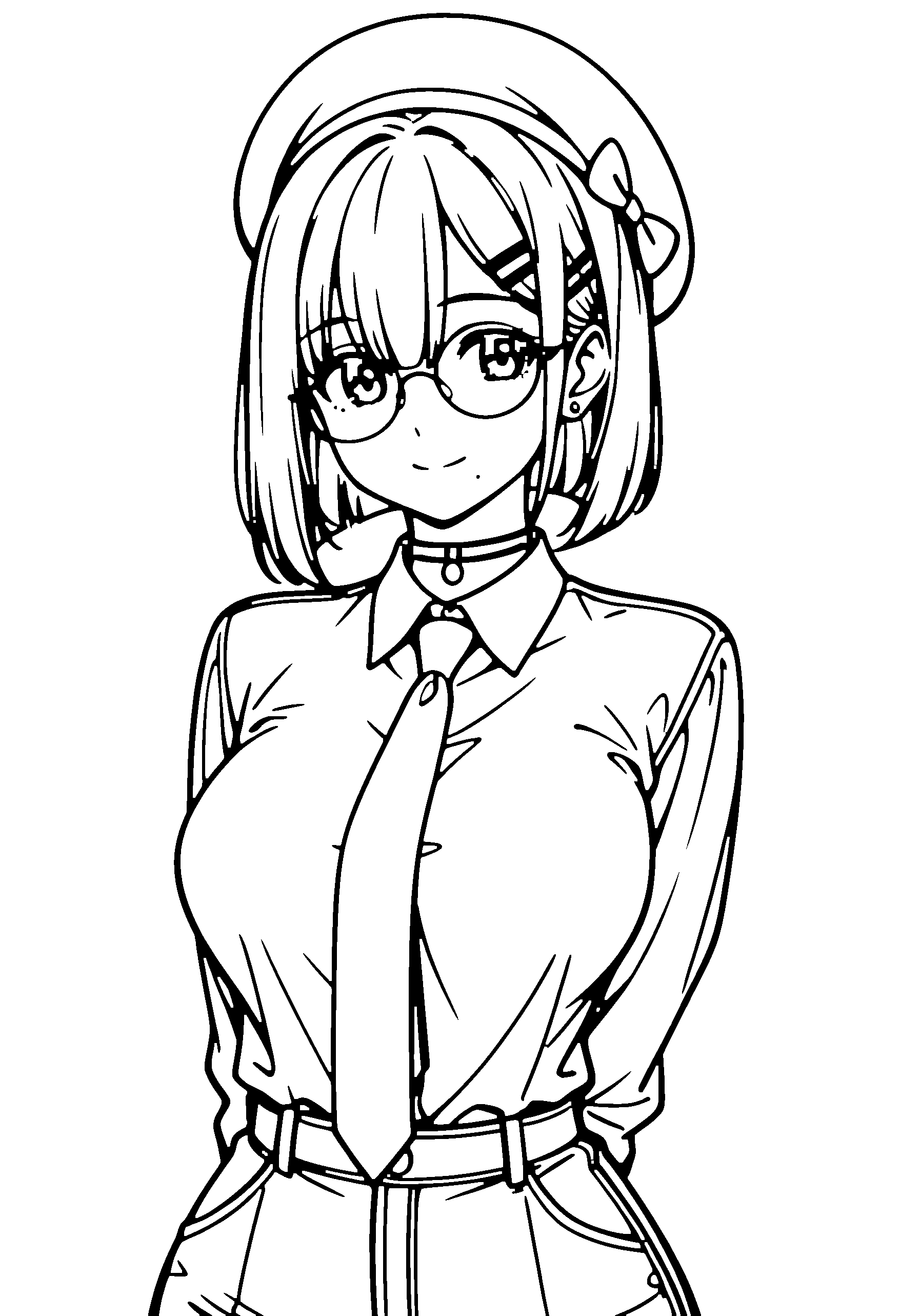 Black and white line art coloring page of an anime girl with bob cut, shirt, beret, glasses, choker and smiling
