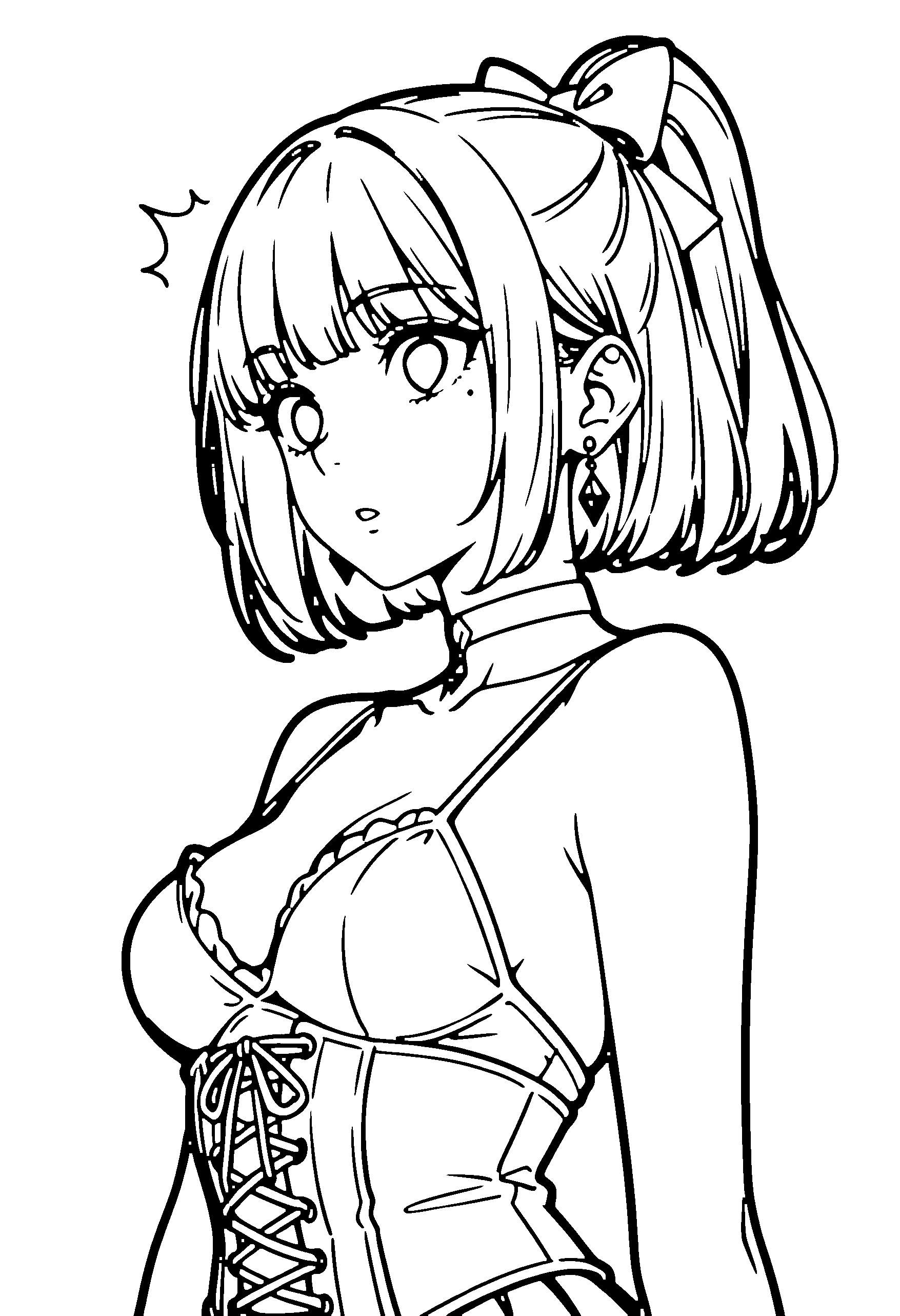 Black and white line art coloring page of an anime girl with bob cut, ponytail, corset, choker and surprised