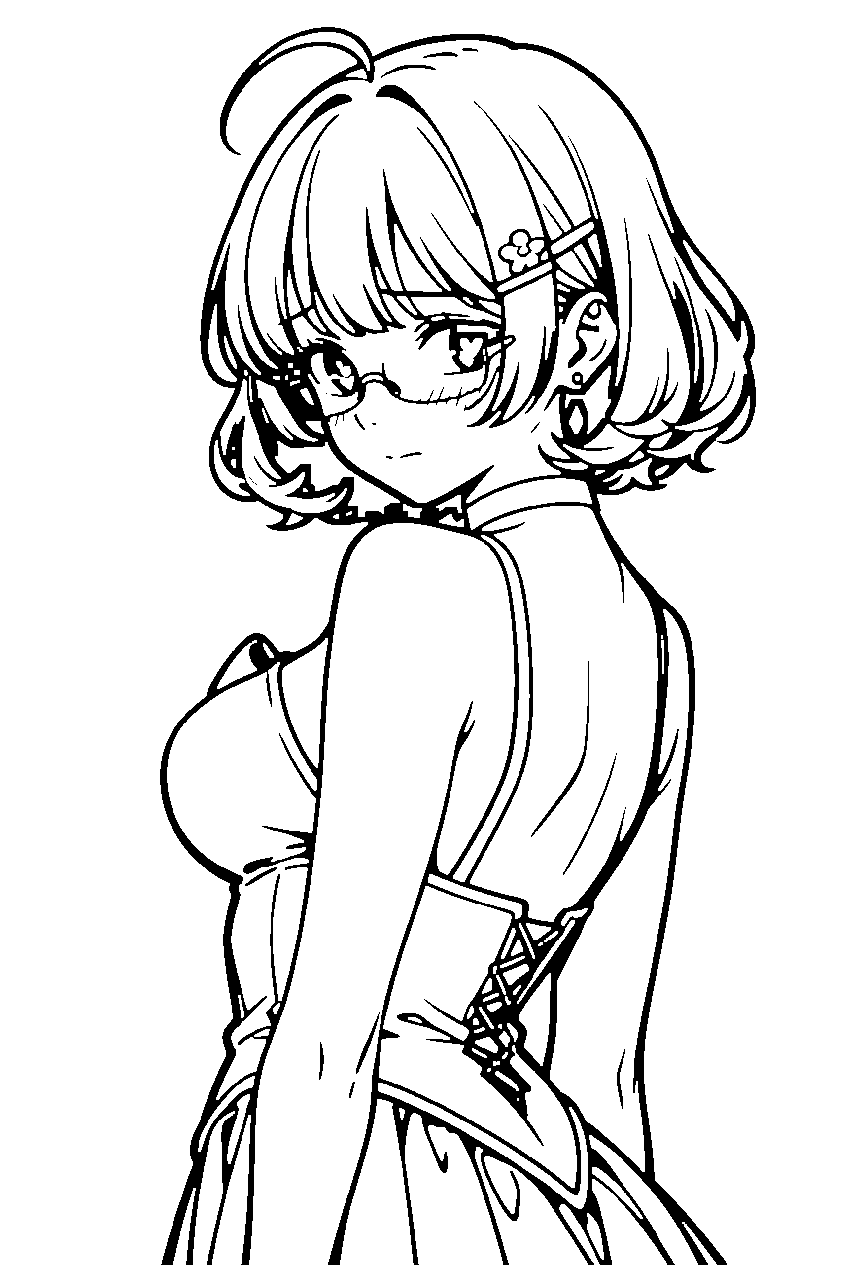 Black and white line art coloring page of an anime girl with bob cut, wavy hair, dress, hair flower, glasses, choker and shy