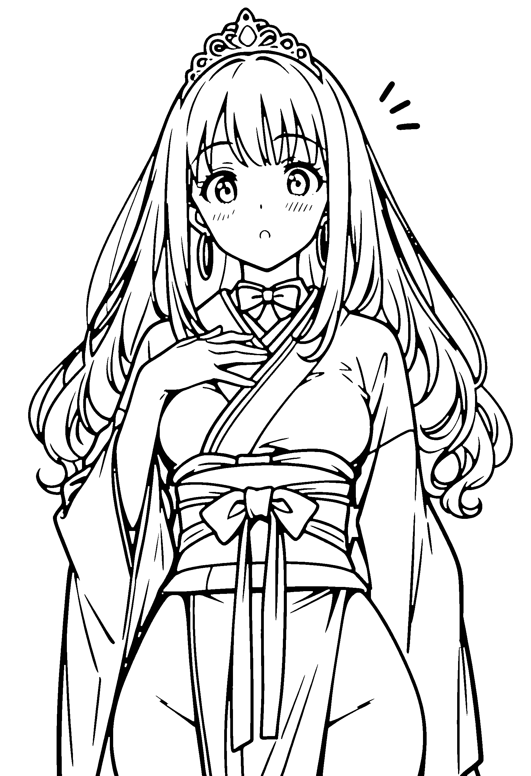Black and white line art coloring page of an anime girl with long hair, kimono, tiara, bow tie and surprised