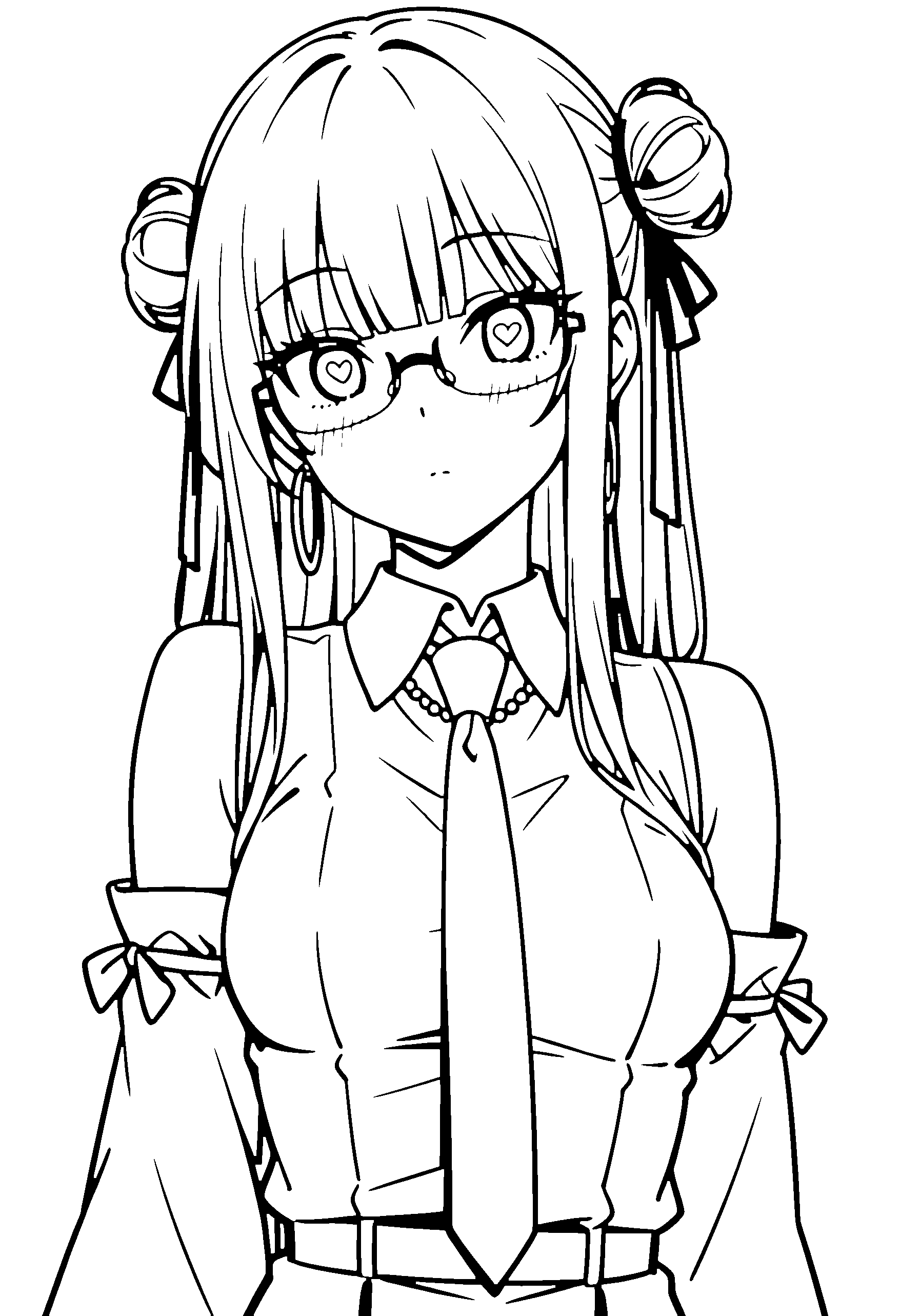 Black and white line art coloring page of an anime girl with long hair, hair bun, collared shirt, glasses, necklace and surprised