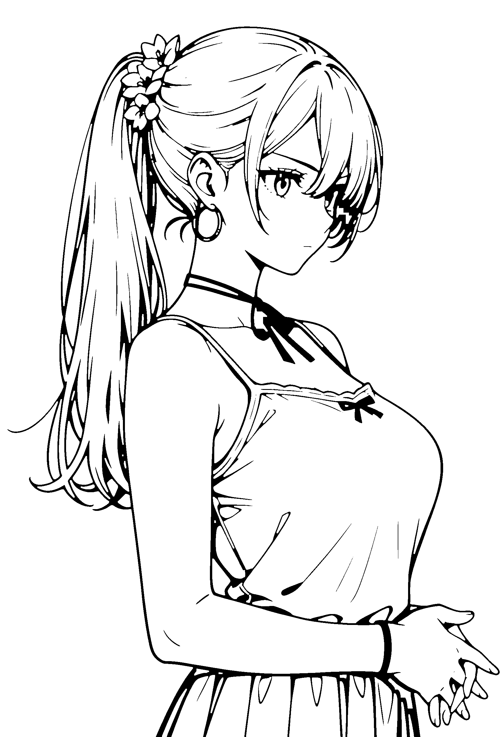 Black and white line art coloring page of an anime girl with long hair, ponytail, camisole, hair flower, ribbon and serious