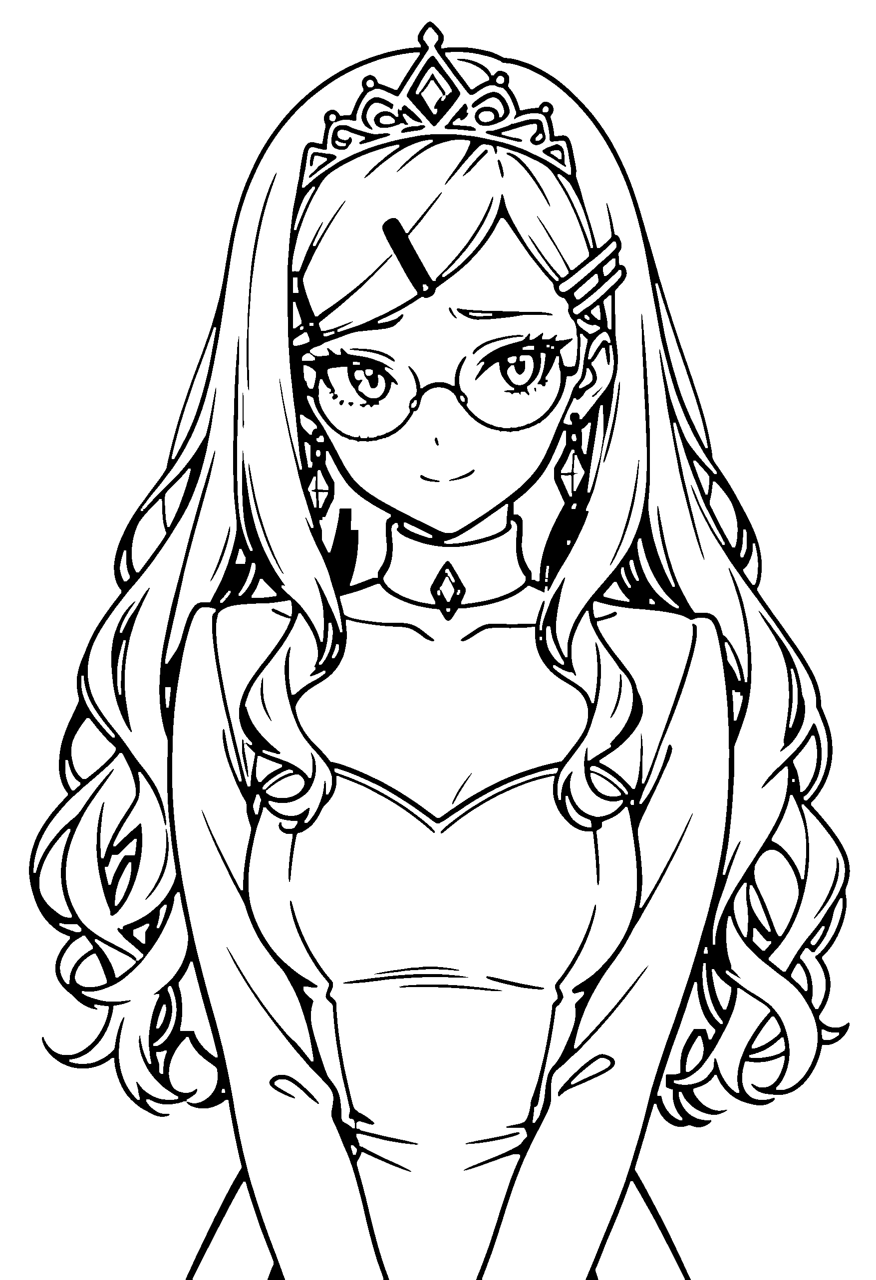 Black and white line art coloring page of an anime girl with long hair, wavy hair, turtleneck, tiara, glasses, choker and shy