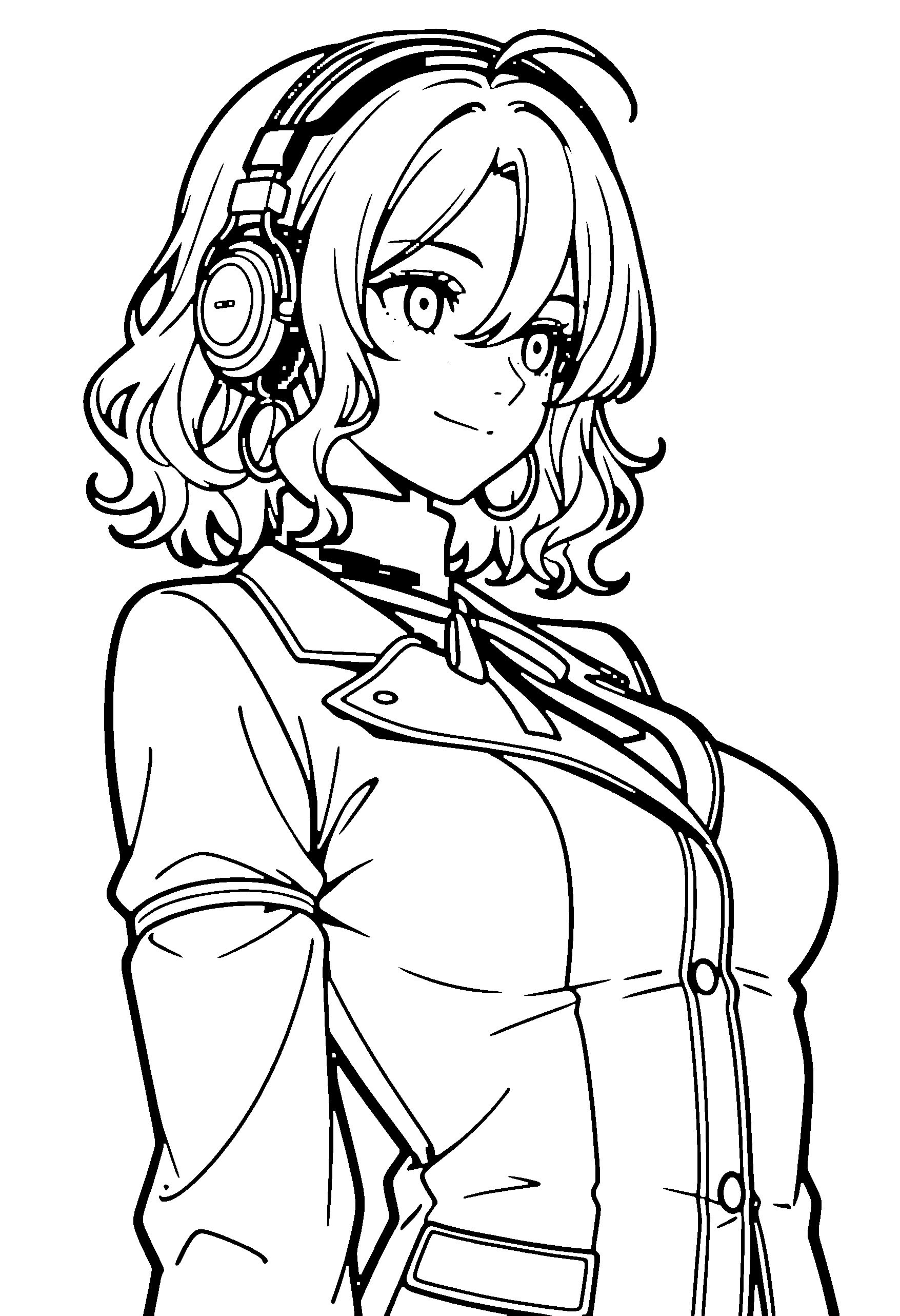 Black and white line art coloring page of an anime girl with medium hair, wavy hair, jacket, headphones, ribbon and smiling