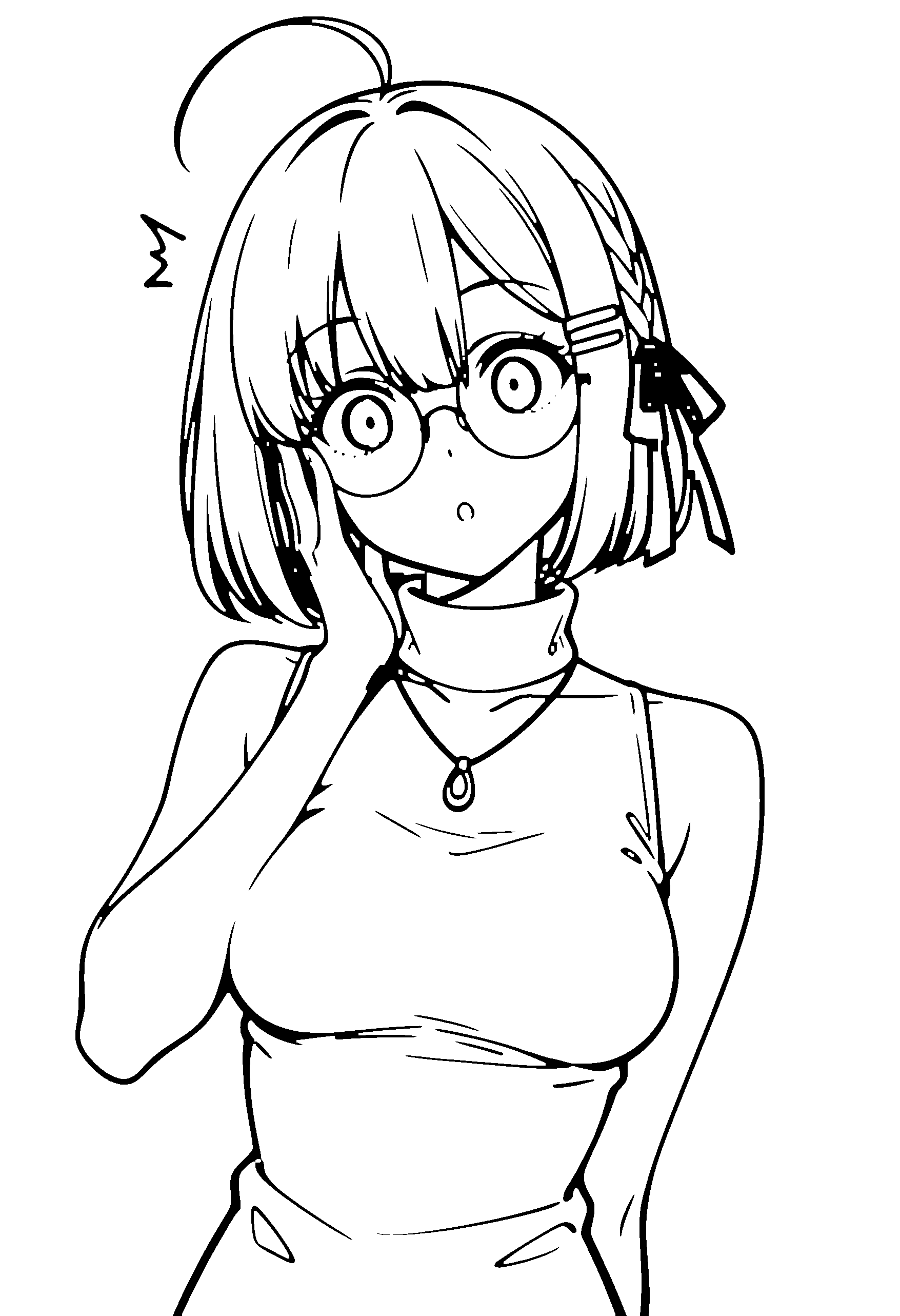 Black and white line art coloring page of an anime girl with bob cut, braid, turtleneck, glasses, necklace and surprised