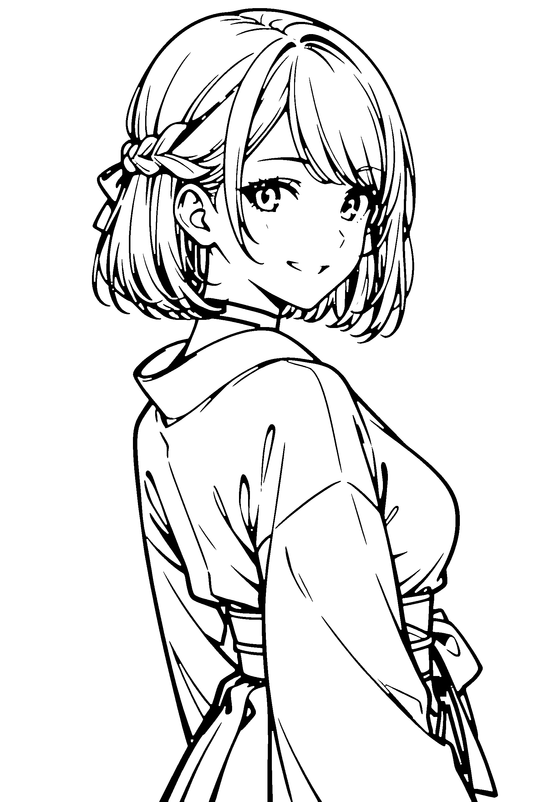 Black and white line art coloring page of an anime girl with medium hair, braid, kimono, choker and grinning