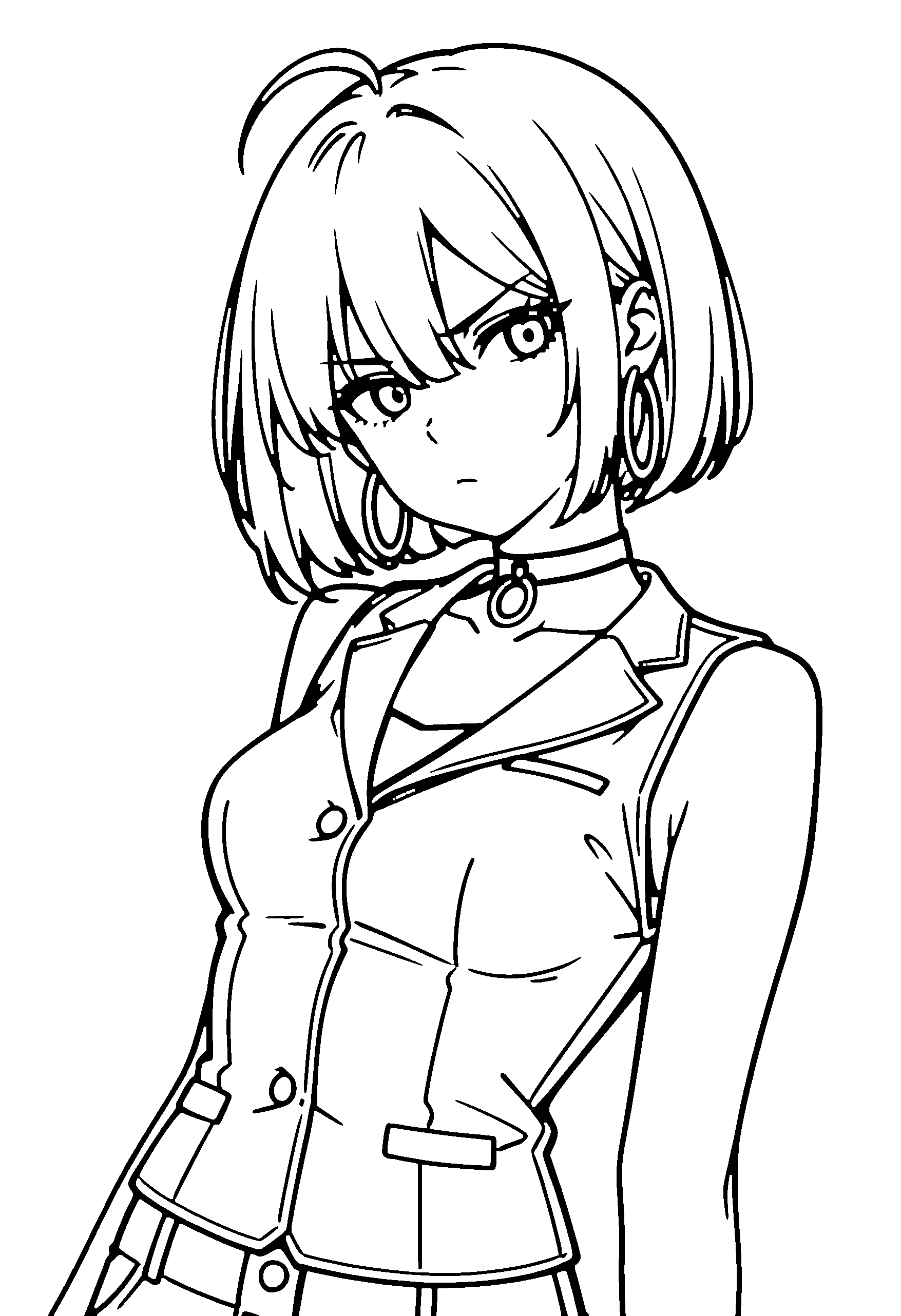 Black and white line art coloring page of an anime girl with bob cut, vest, choker and frowning