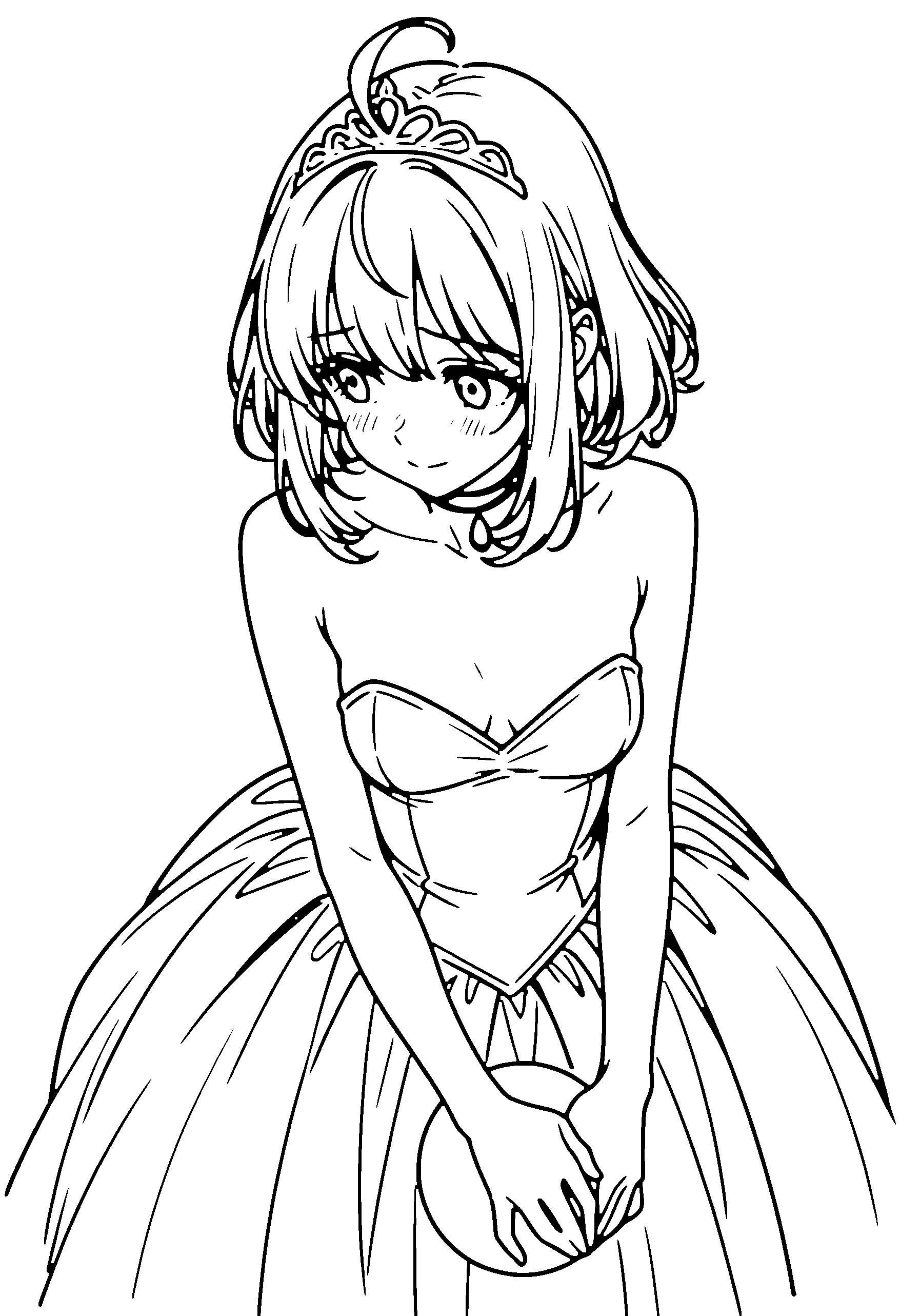 Black and white line art coloring page of an anime girl with princess dress, medium hair, ball gown, tiara, choker and shy