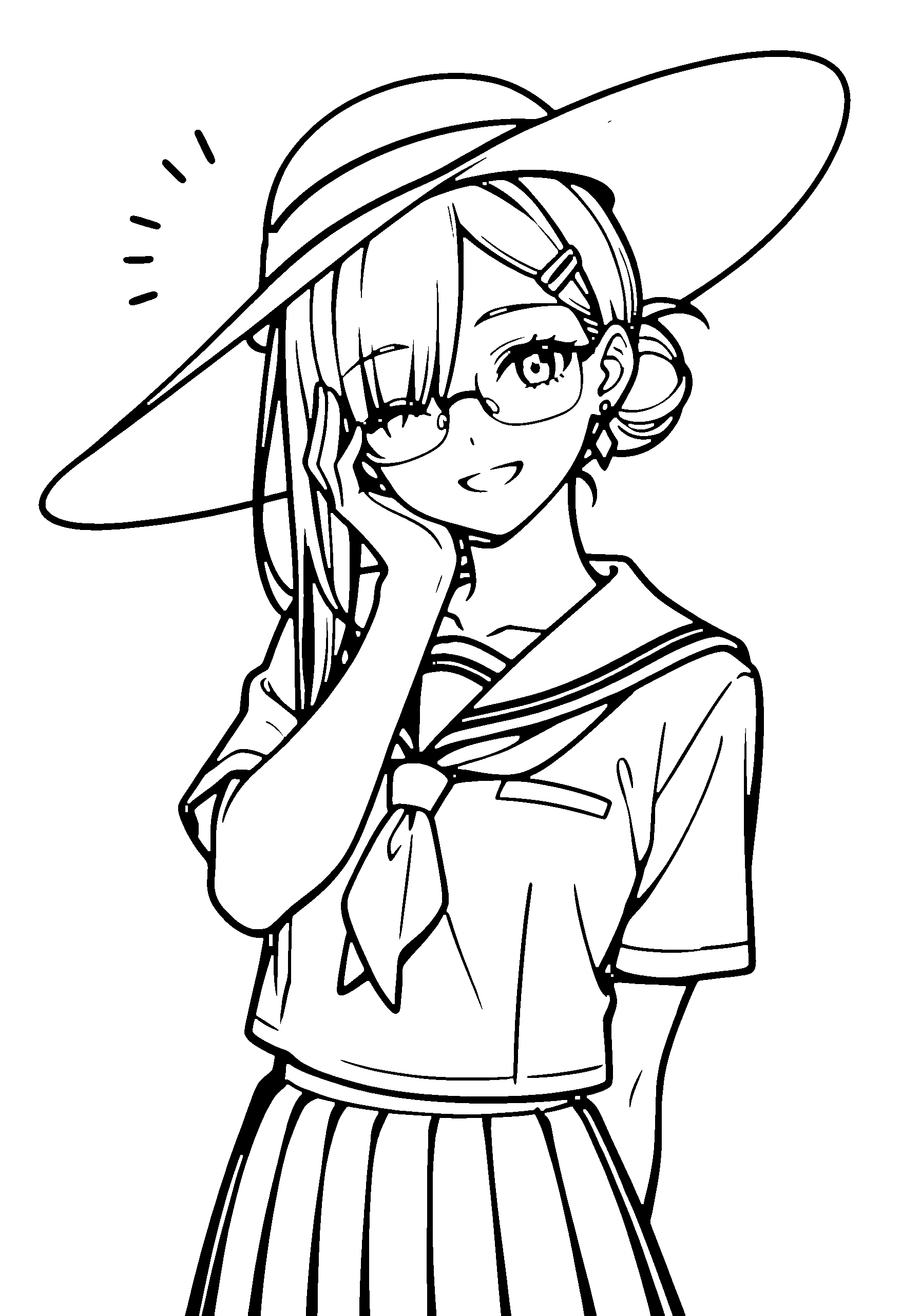 Black and white line art coloring page of an anime girl with long hair, hair bun, school uniform, sun hat, glasses and smiling