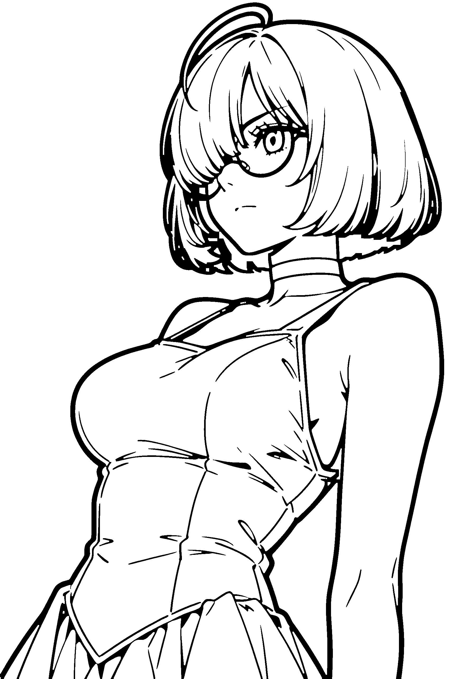 Black and white line art coloring page of an anime girl with bob cut, dress, glasses, choker and serious