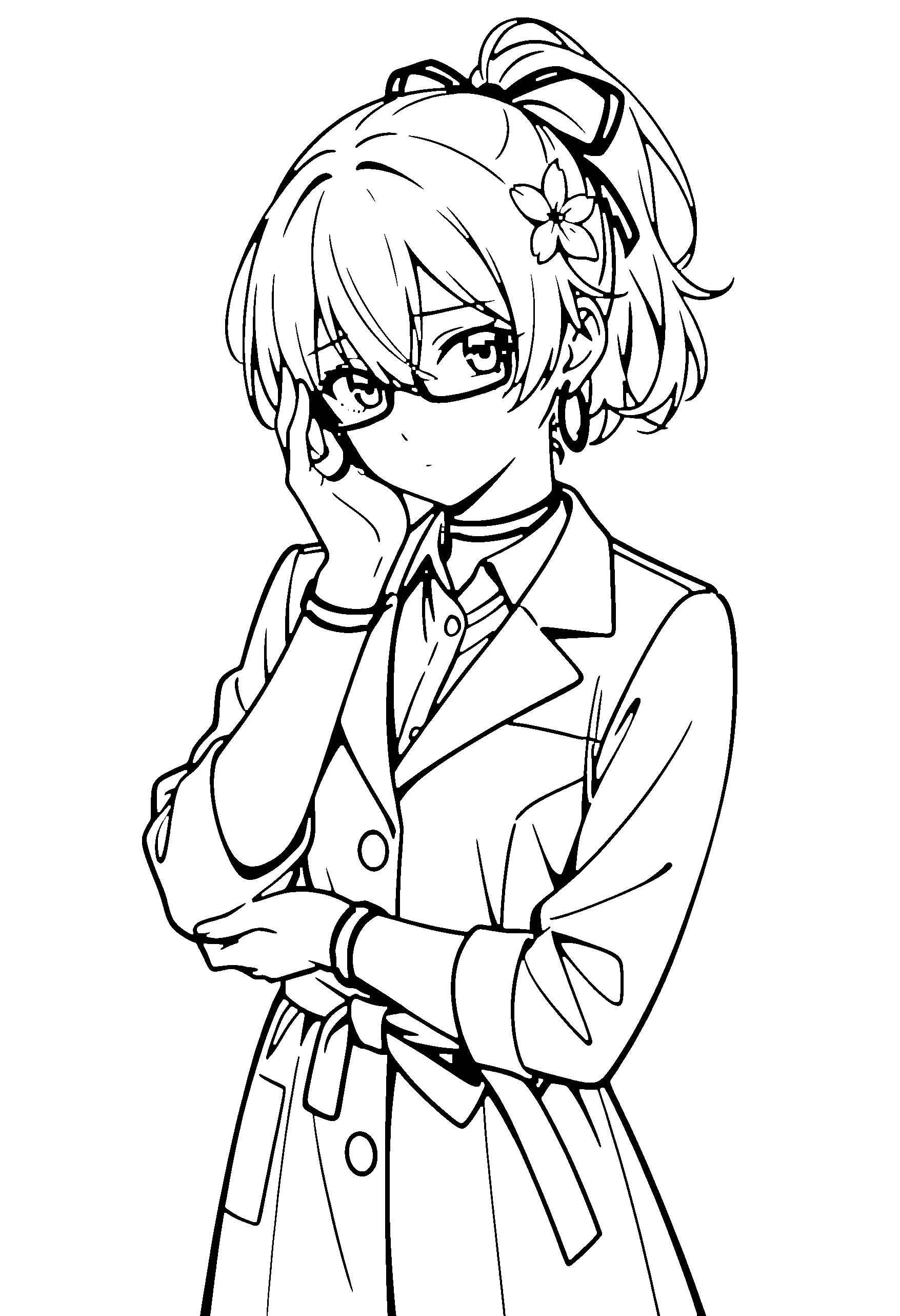 Black and white line art coloring page of an anime girl with medium hair, ponytail, collared shirt, hair flower, glasses, choker and shy