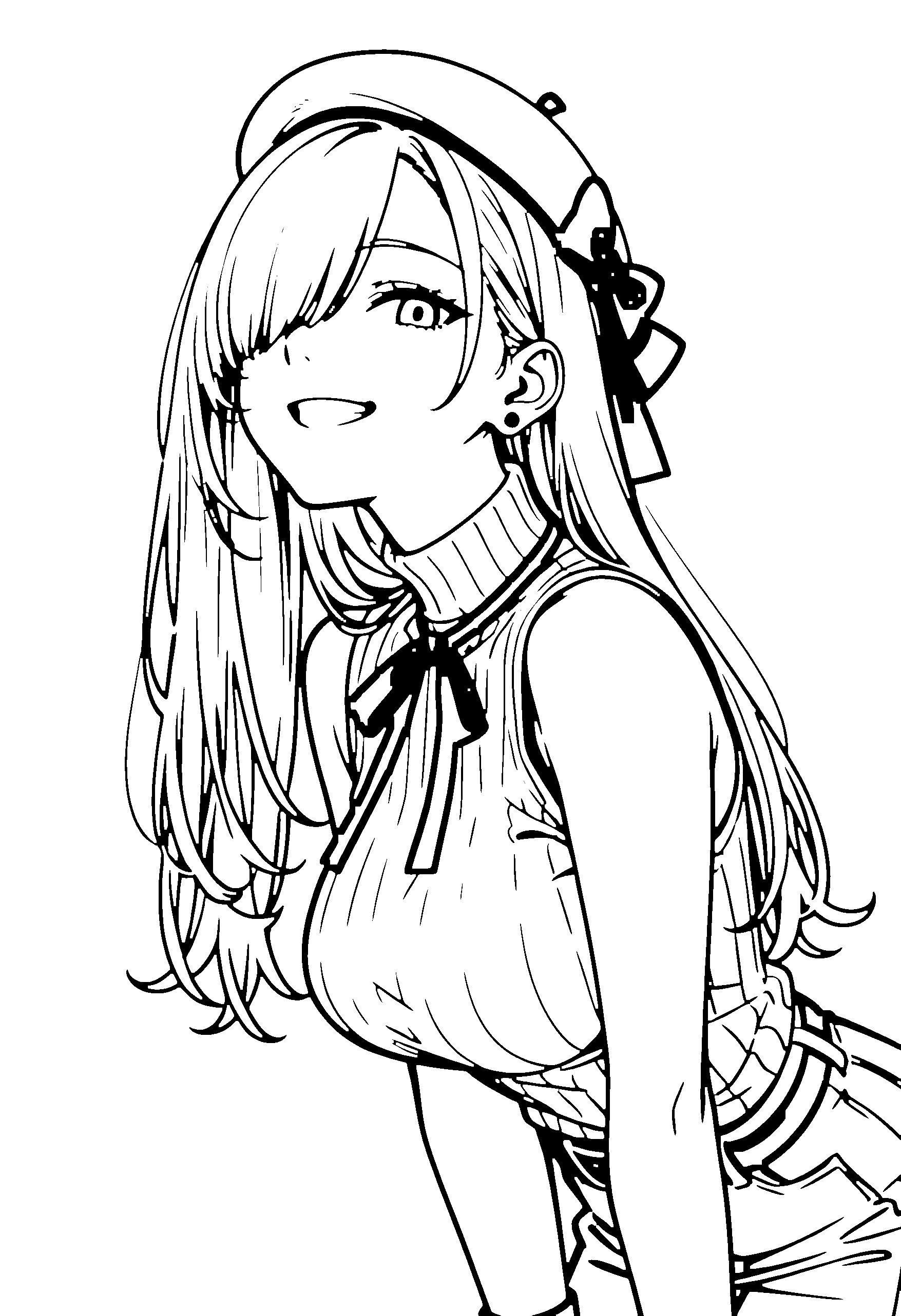 Black and white line art coloring page of an anime girl with long hair, turtleneck, beret, ribbon and grinning