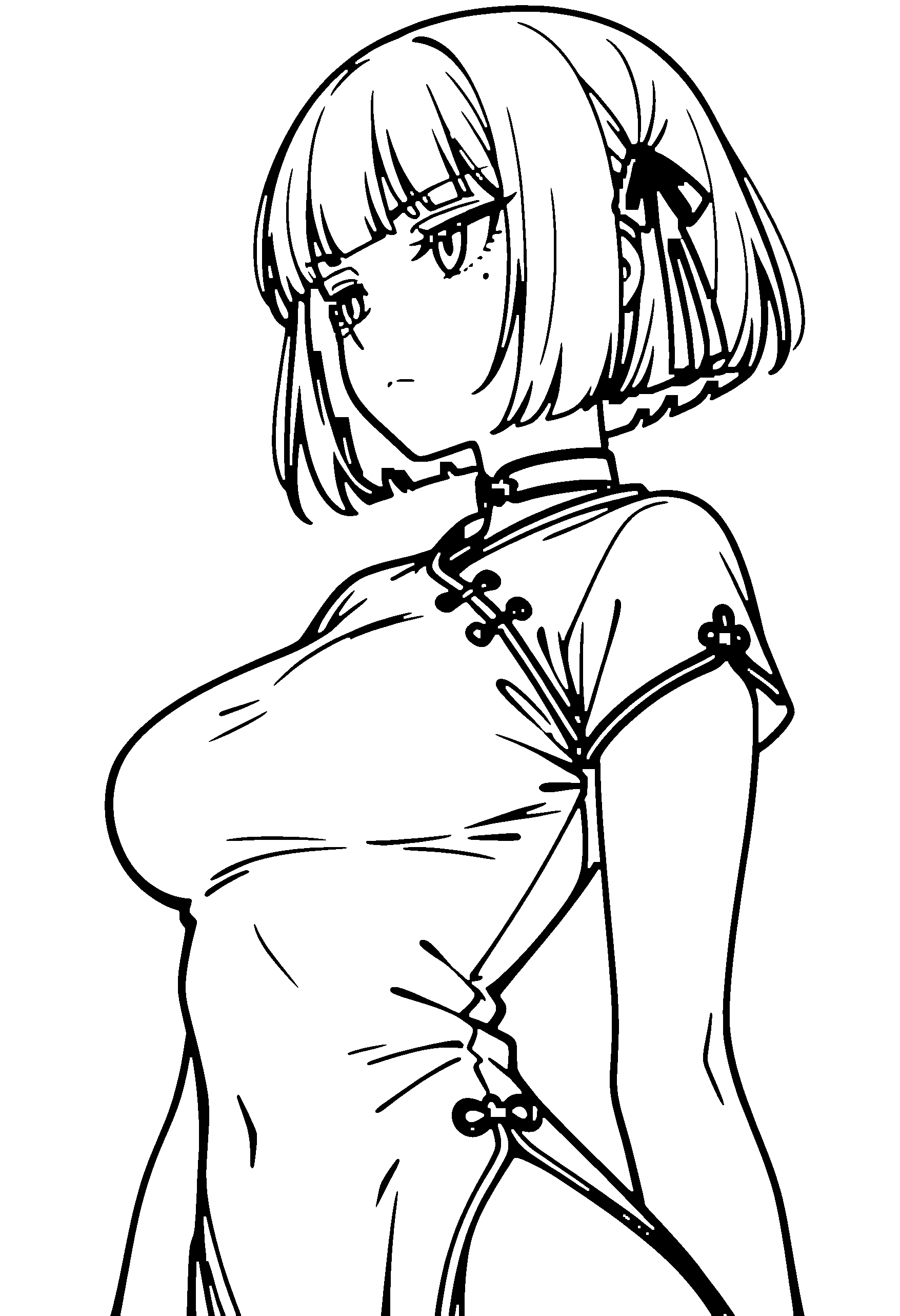 Black and white line art coloring page of an anime girl with bob cut, chinese dress, choker and frowning