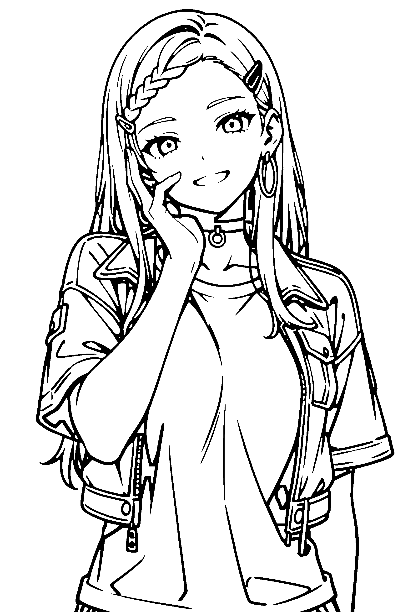 Black and white line art coloring page of an anime girl with long hair, braid, jacket, choker and grinning
