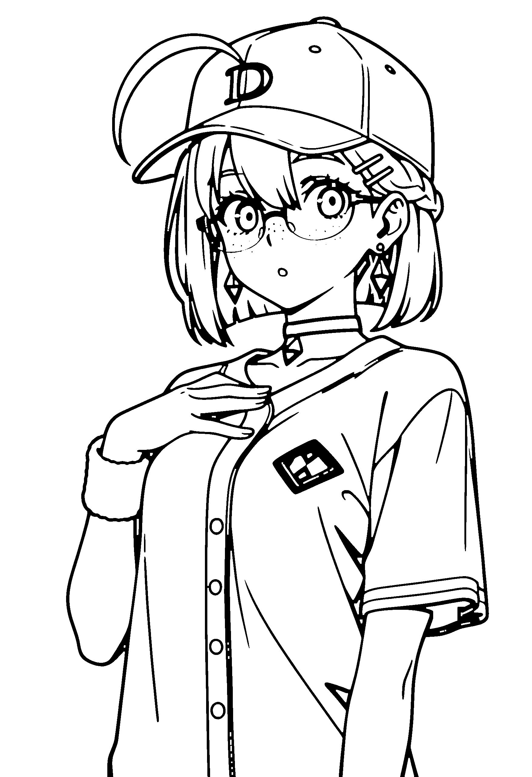 Black and white line art coloring page of an anime girl with bob cut, braid, suit, cap, glasses, choker and surprised