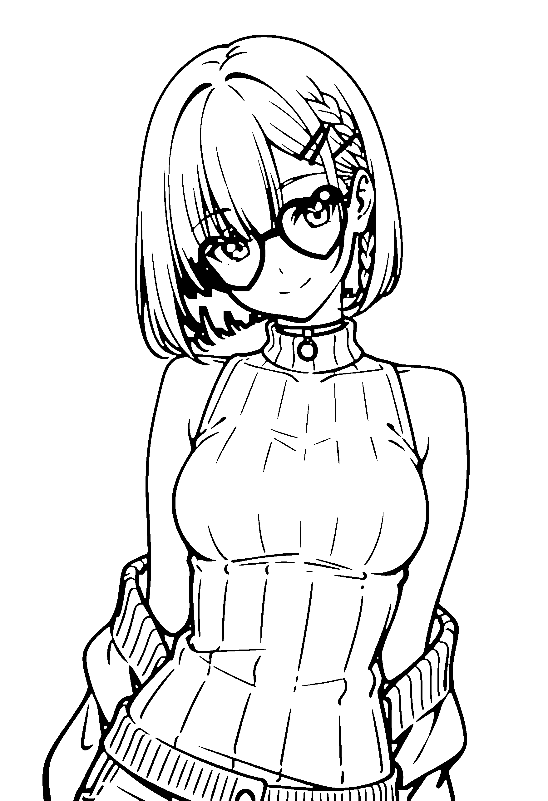 Black and white line art coloring page of an anime girl with bob cut, braid, turtleneck, glasses, choker and smiling