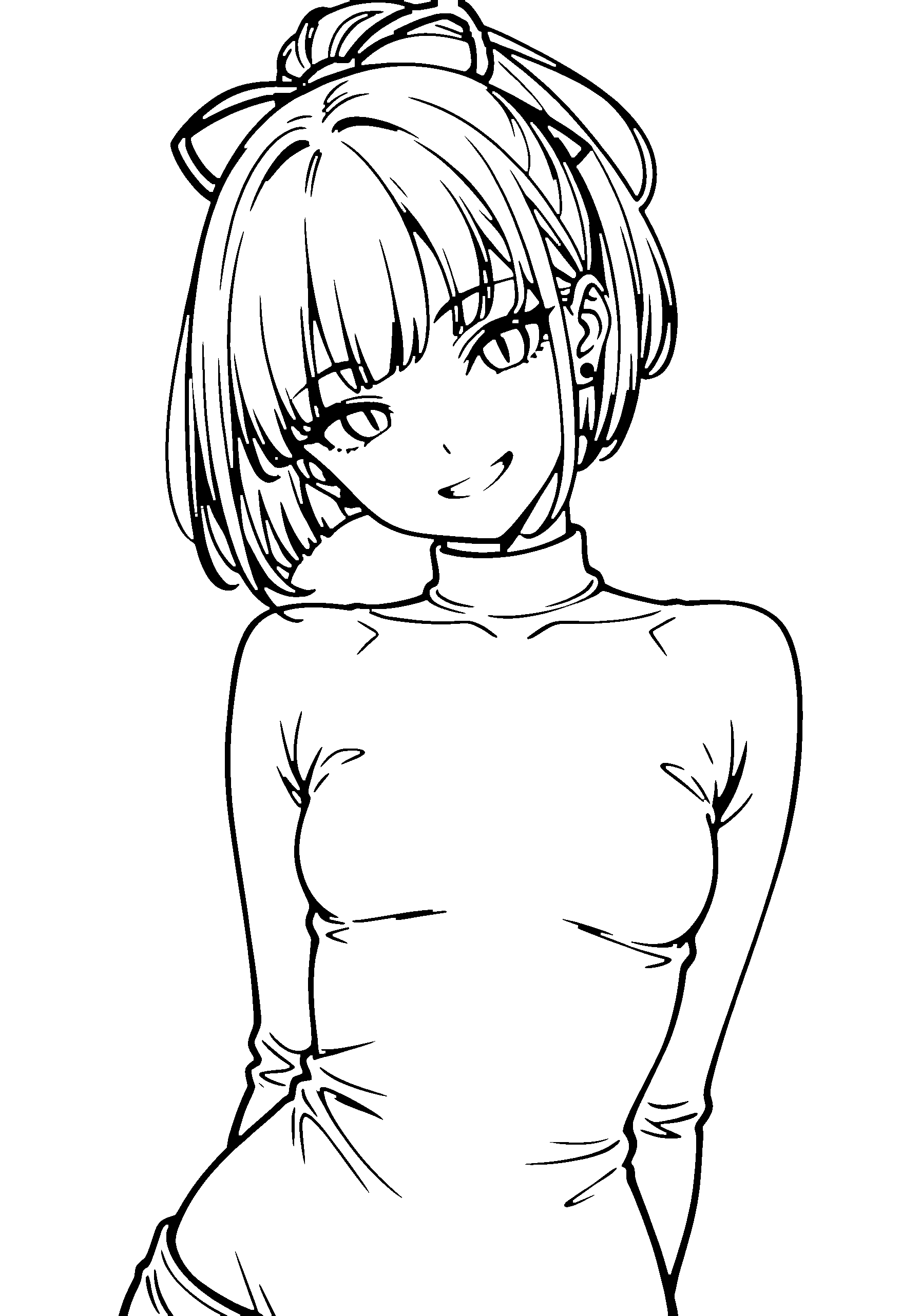 Black and white line art coloring page of an anime girl with bob cut, ponytail, turtleneck, choker and grinning