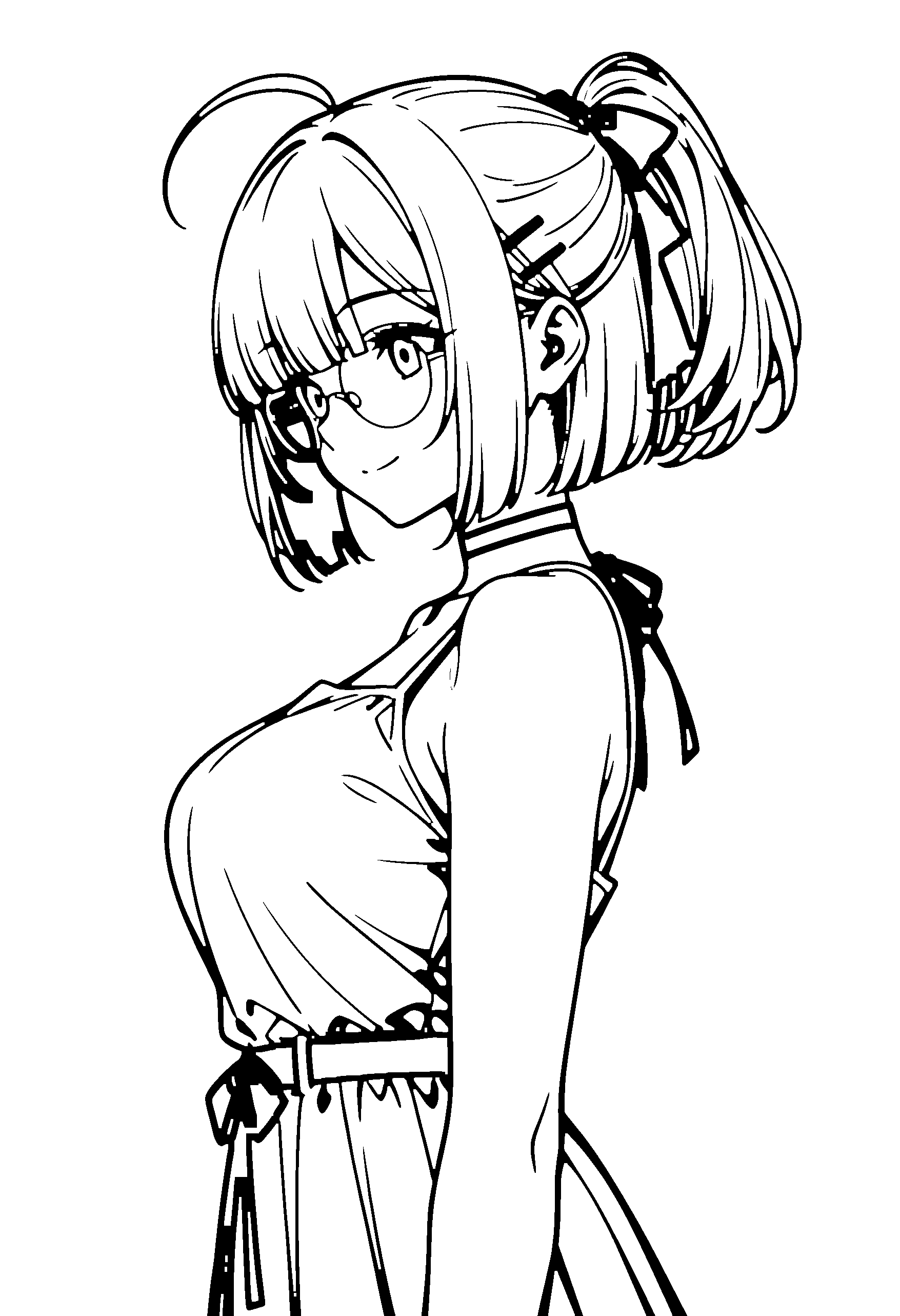 Black and white line art coloring page of an anime girl with bob cut, ponytail, dress, glasses, choker and smiling