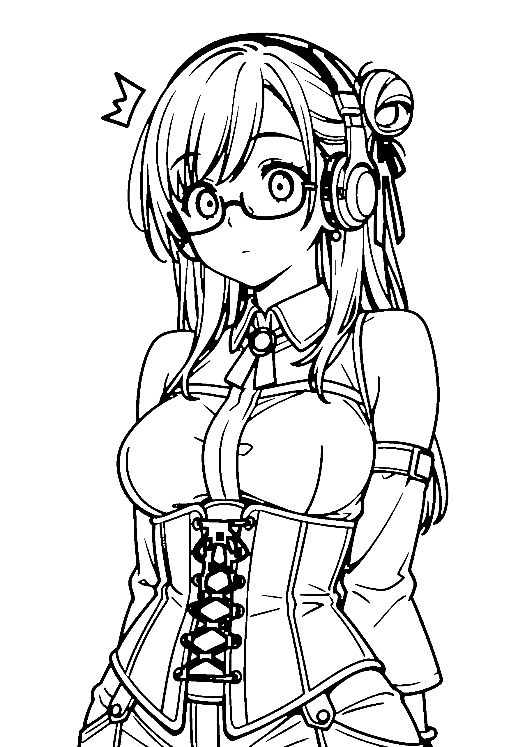 Black and white line art coloring page of an anime girl with long hair, hair bun, corset, headphones, glasses and surprised