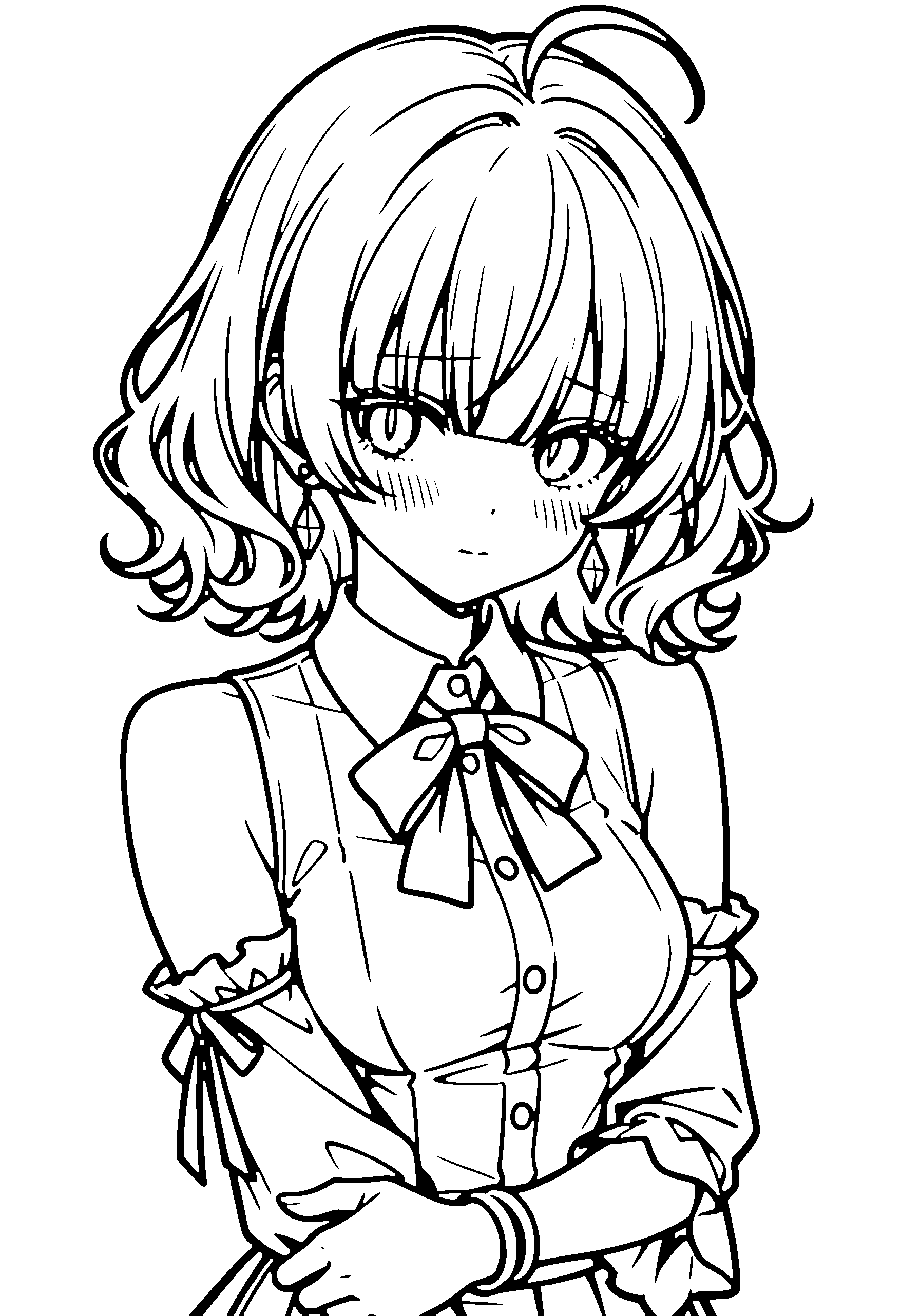 Black and white line art coloring page of an anime girl with medium hair, wavy hair, collared shirt, bow tie and shy