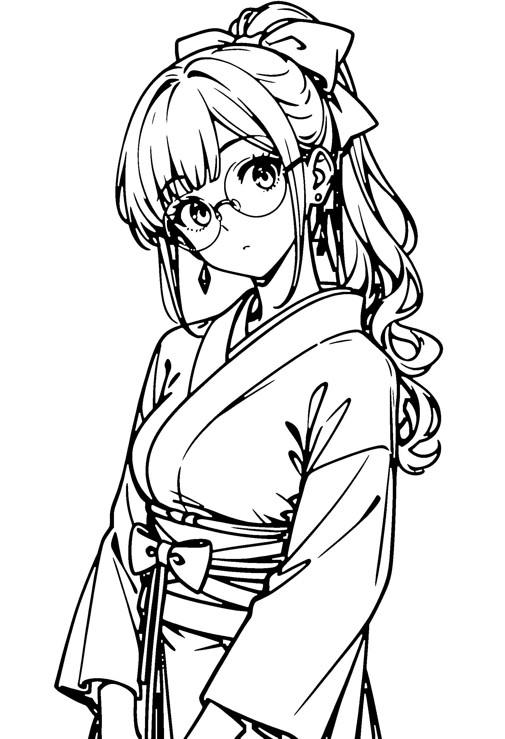 Black and white line art coloring page of an anime girl with long hair, ponytail, kimono, glasses and surprised