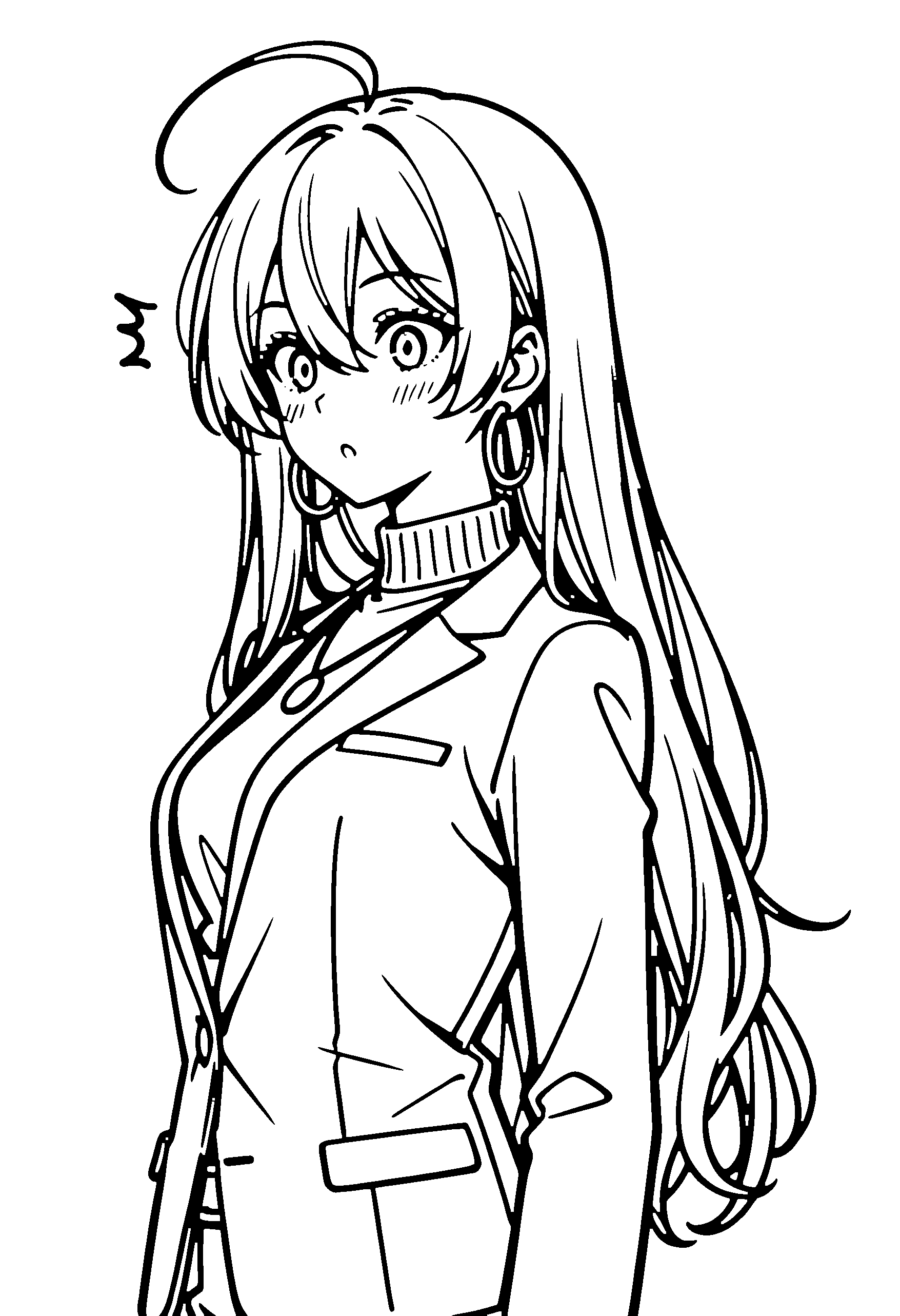 Black and white line art coloring page of an anime girl with long hair, suit, necklace and surprised