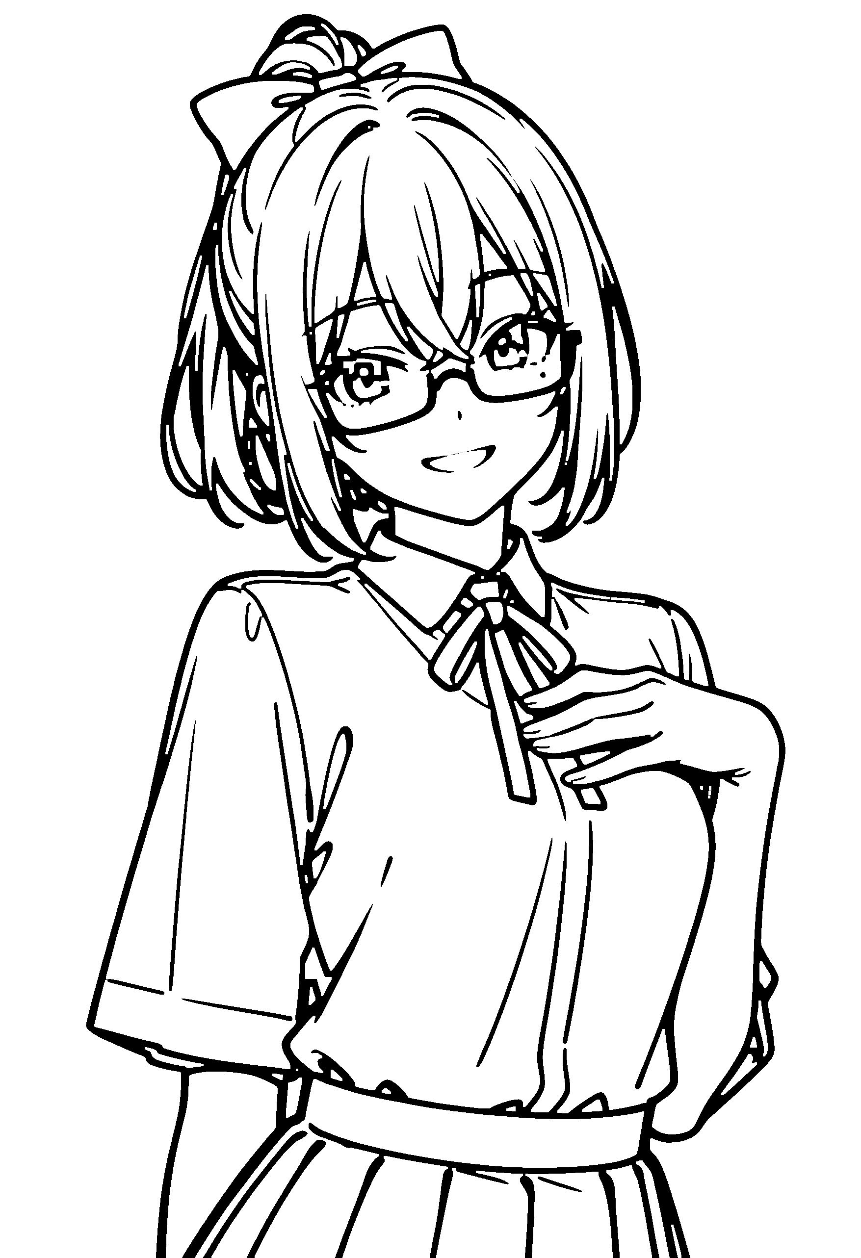 Black and white line art coloring page of an anime girl with bob cut, ponytail, shirt, glasses, ribbon and grinning
