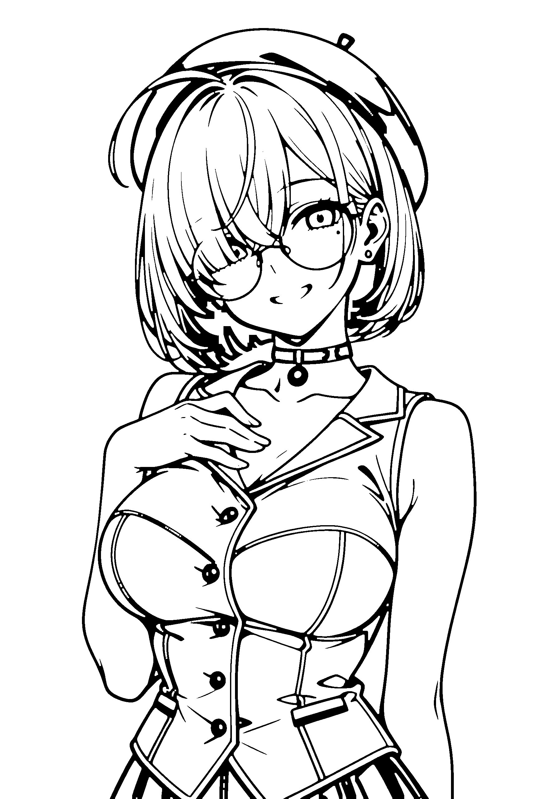 Black and white line art coloring page of an anime girl with bob cut, vest, beret, glasses, choker and grinning