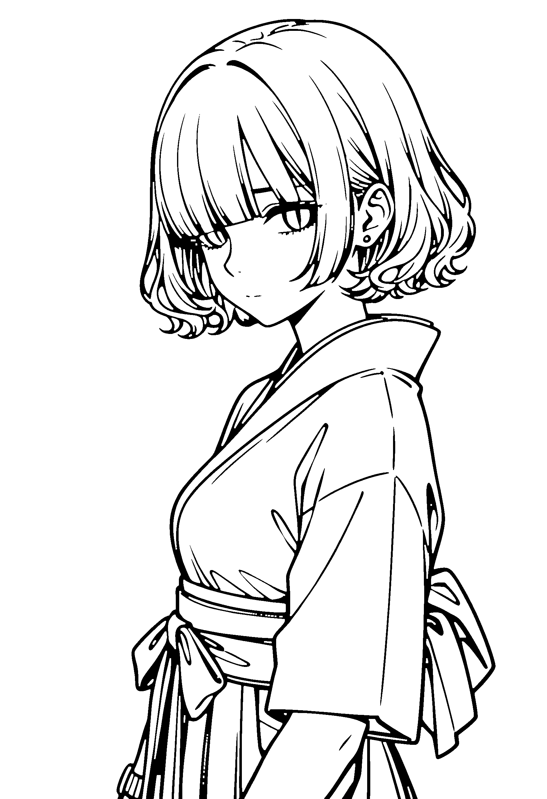 Black and white line art coloring page of an anime girl with bob cut, wavy hair, kimono and shy