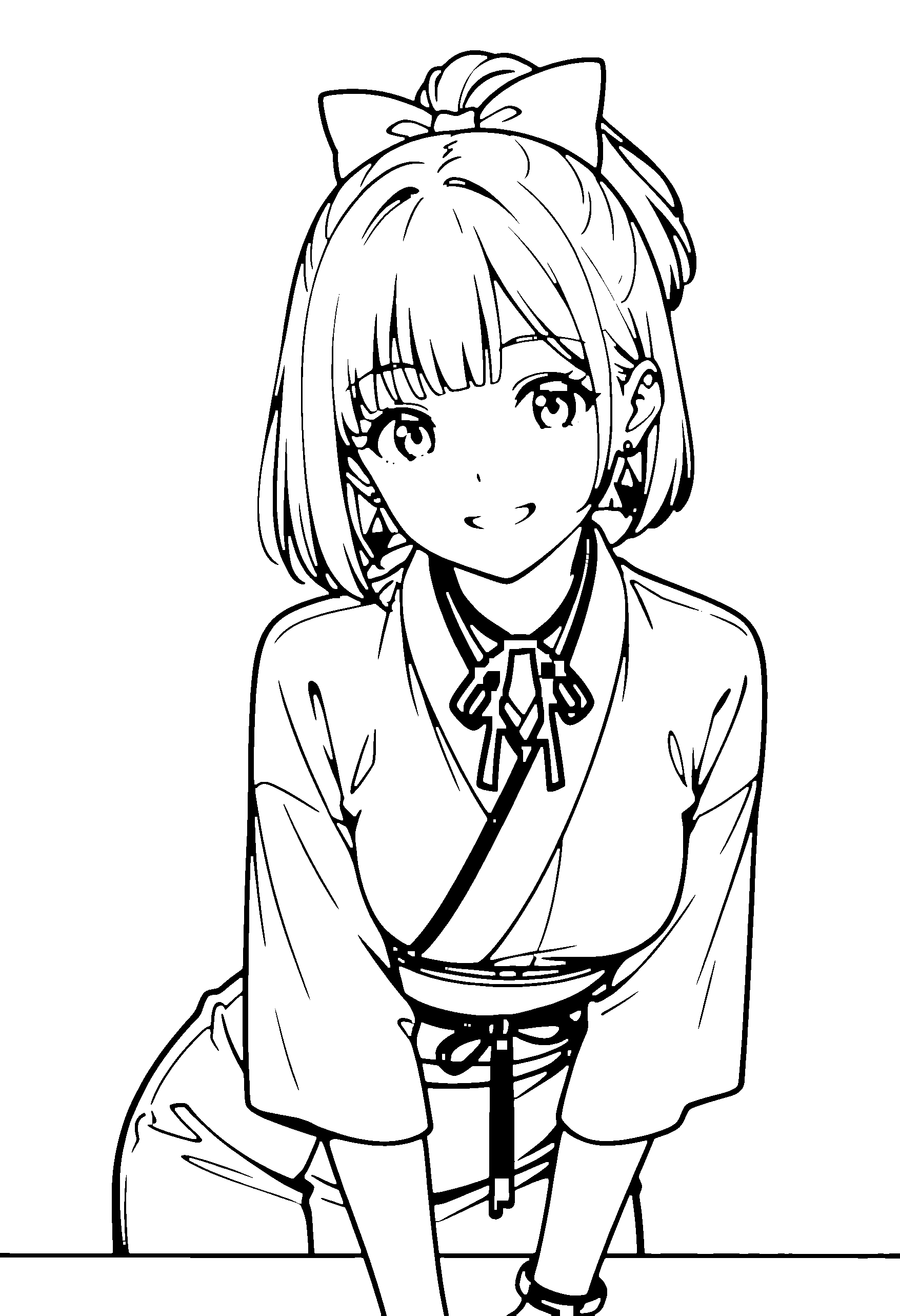 Black and white line art coloring page of an anime girl with bob cut, ponytail, kimono, ribbon and grinning