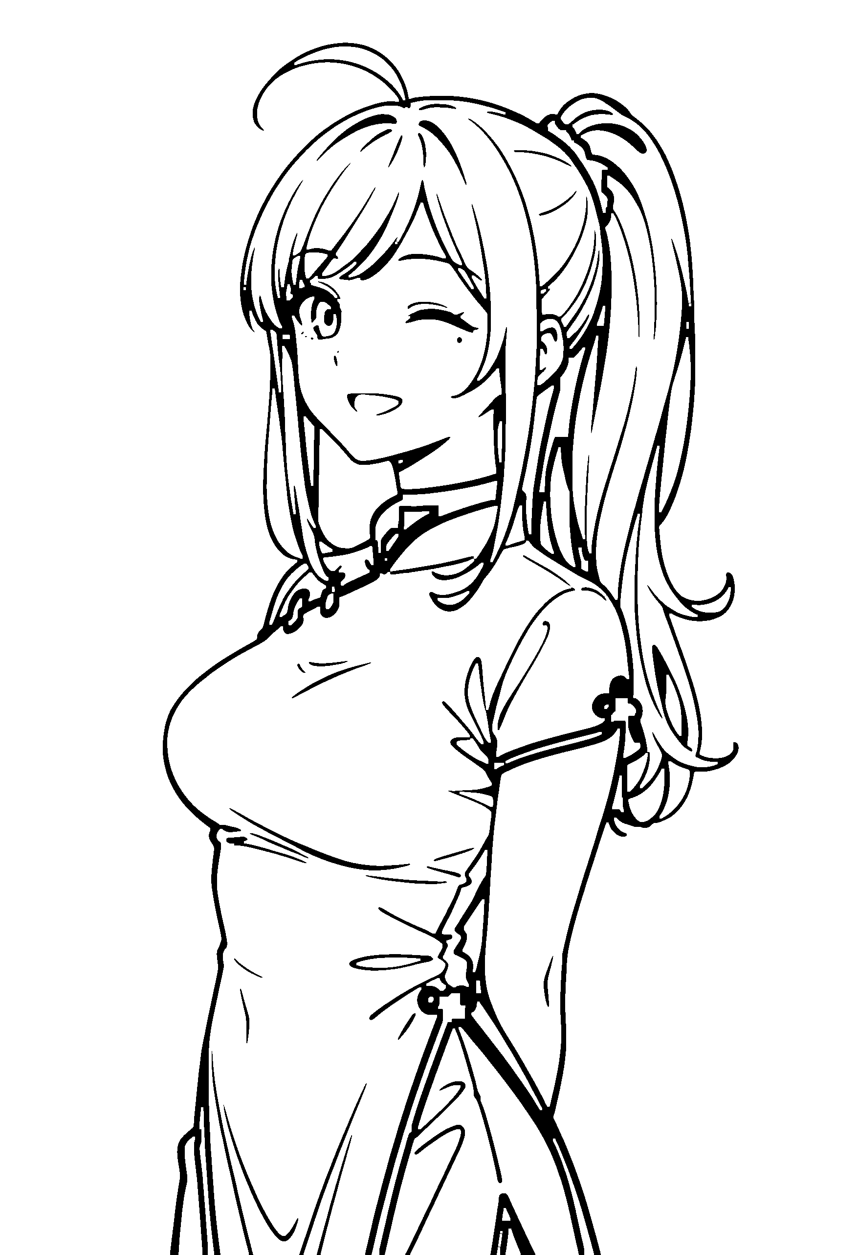 Black and white line art coloring page of an anime girl with long hair, ponytail, chinese dress, choker and smiling