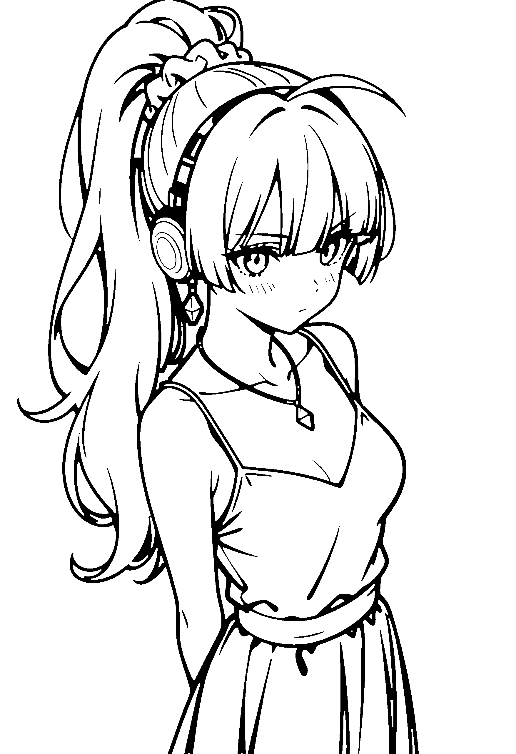 Black and white line art coloring page of an anime girl with long hair, ponytail, dress, headphones, necklace and serious