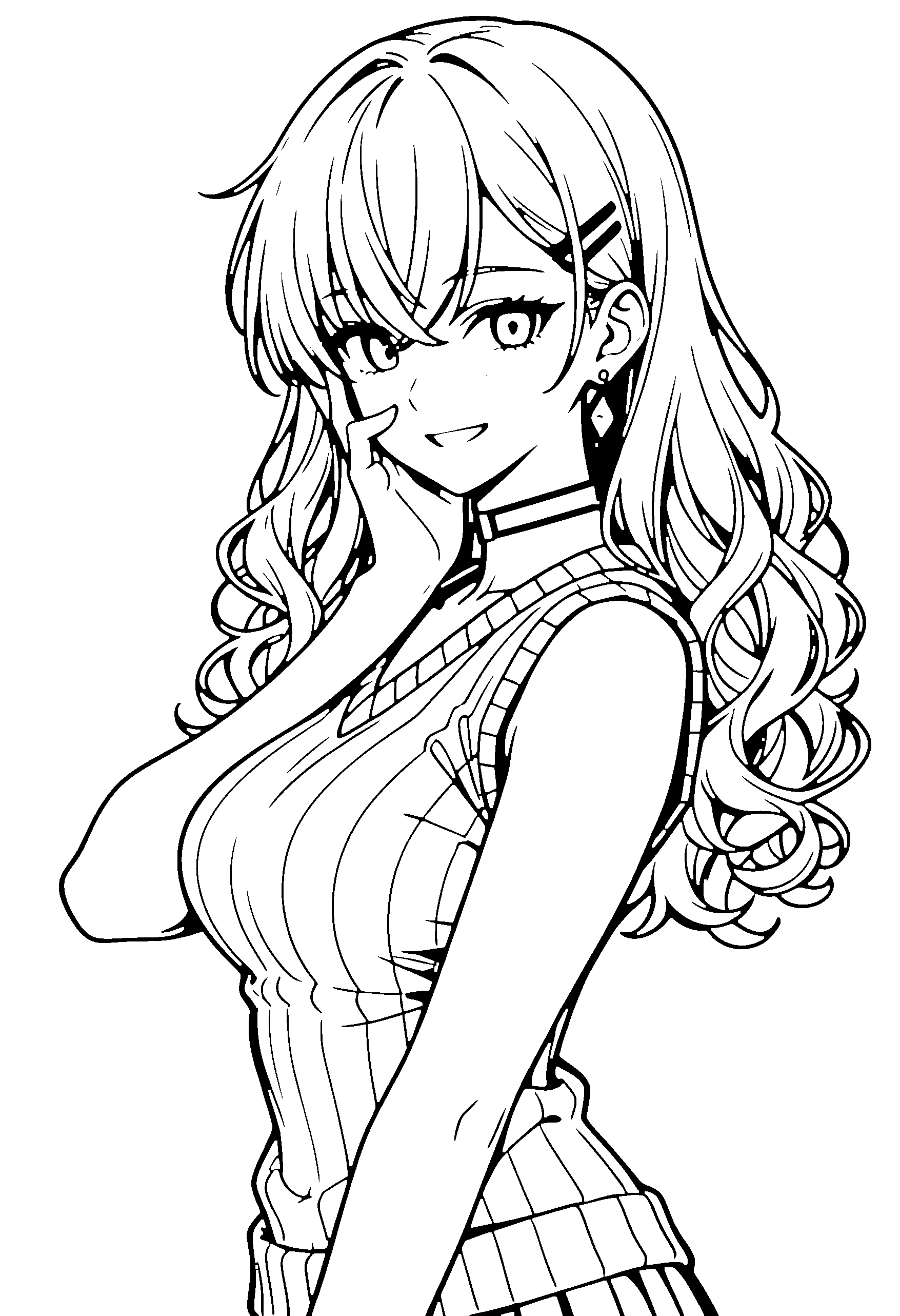 Black and white line art coloring page of an anime girl with long hair, wavy hair, sweater vest, choker and grinning